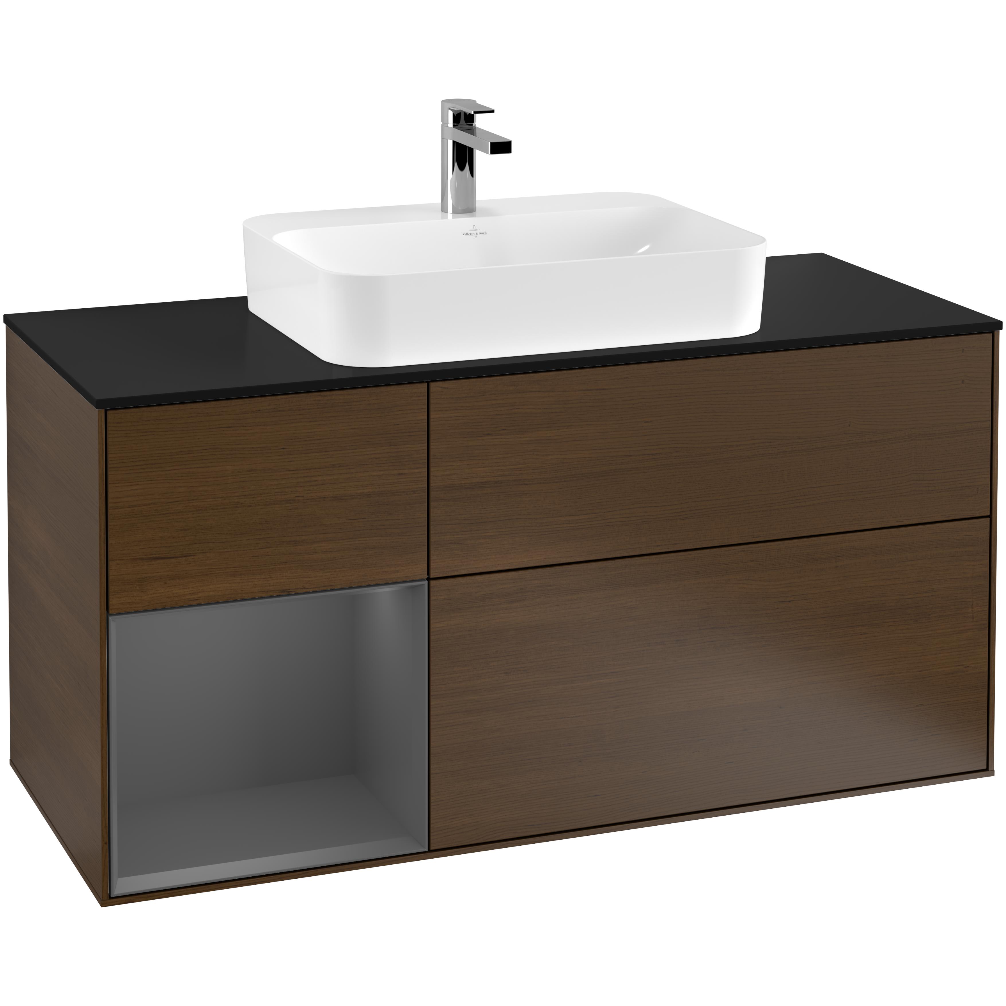 Tvättställsskåp Villeroy & Boch Finion G412GKGN Valnötsfanér/Antracitgrå Mattlack med bänkskiva i Mattsvart glas med Väggbelysning, Lucka Vänster