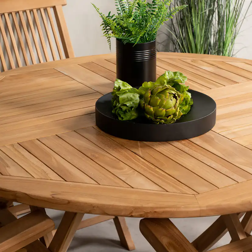 Matgrupp Venture Home Kenya Ø120 cm Teak med 4 Kenya Fällbara Stolar med Armstöd