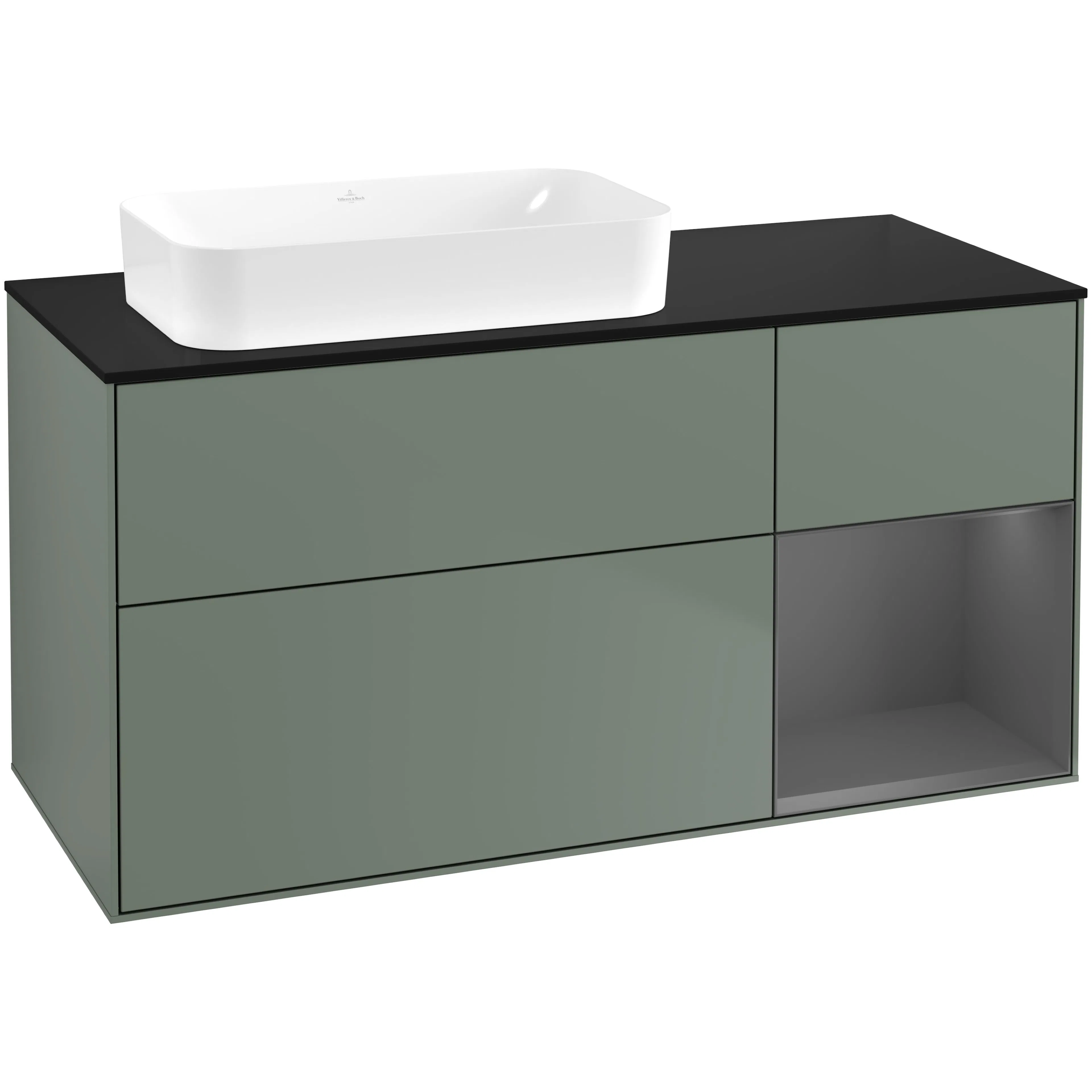 Tvättställsskåp Villeroy & Boch Finion F692GKGM Oliv Mattlack/Antracitgrå Mattlack med bänkskiva i Mattsvart glas, Lucka Höger utan Blandarhål