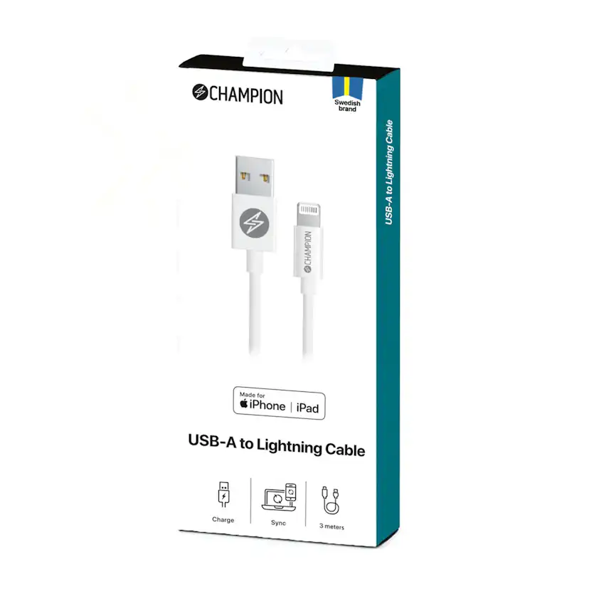 USB-A Champion till Lightning Kabel 3m Vit