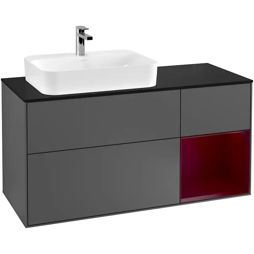 Tvättställsskåp Villeroy & Boch Finion G402HBGK Antracitgrå Mattlack/Pion Mattlack med bänkskiva i Mattsvart glas med Väggbelysning, Lucka Höger