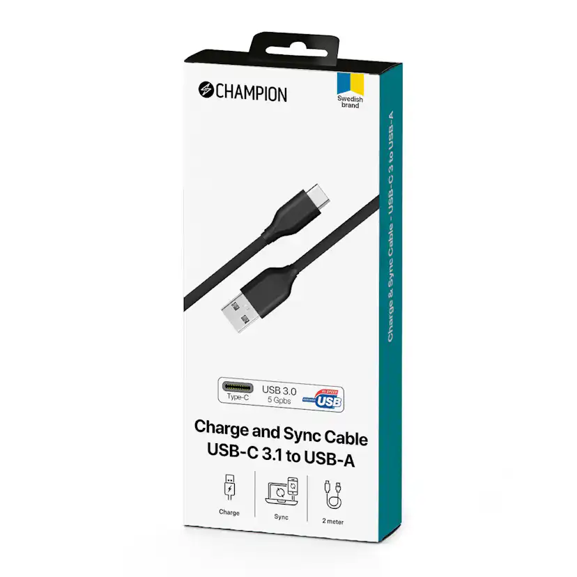 USB-A Champion till USB-C Kabel 2m Svart