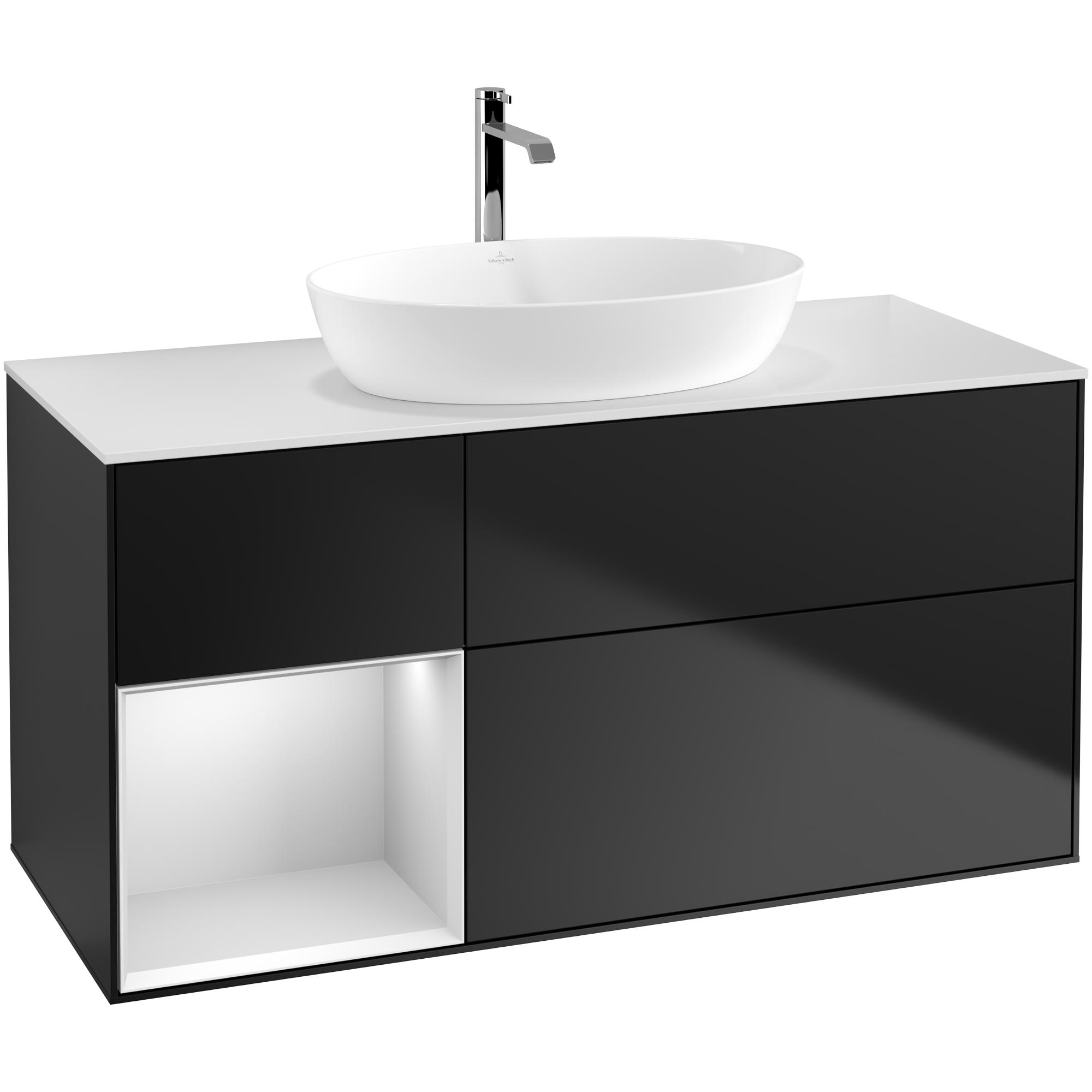 Tvättställsskåp Villeroy & Boch Finion G821MTPD Svart Mattlack/Vit Mattlack med bänkskiva i Mattvitt glas med Väggbelysning, Lucka Vänster Med Blandarhål