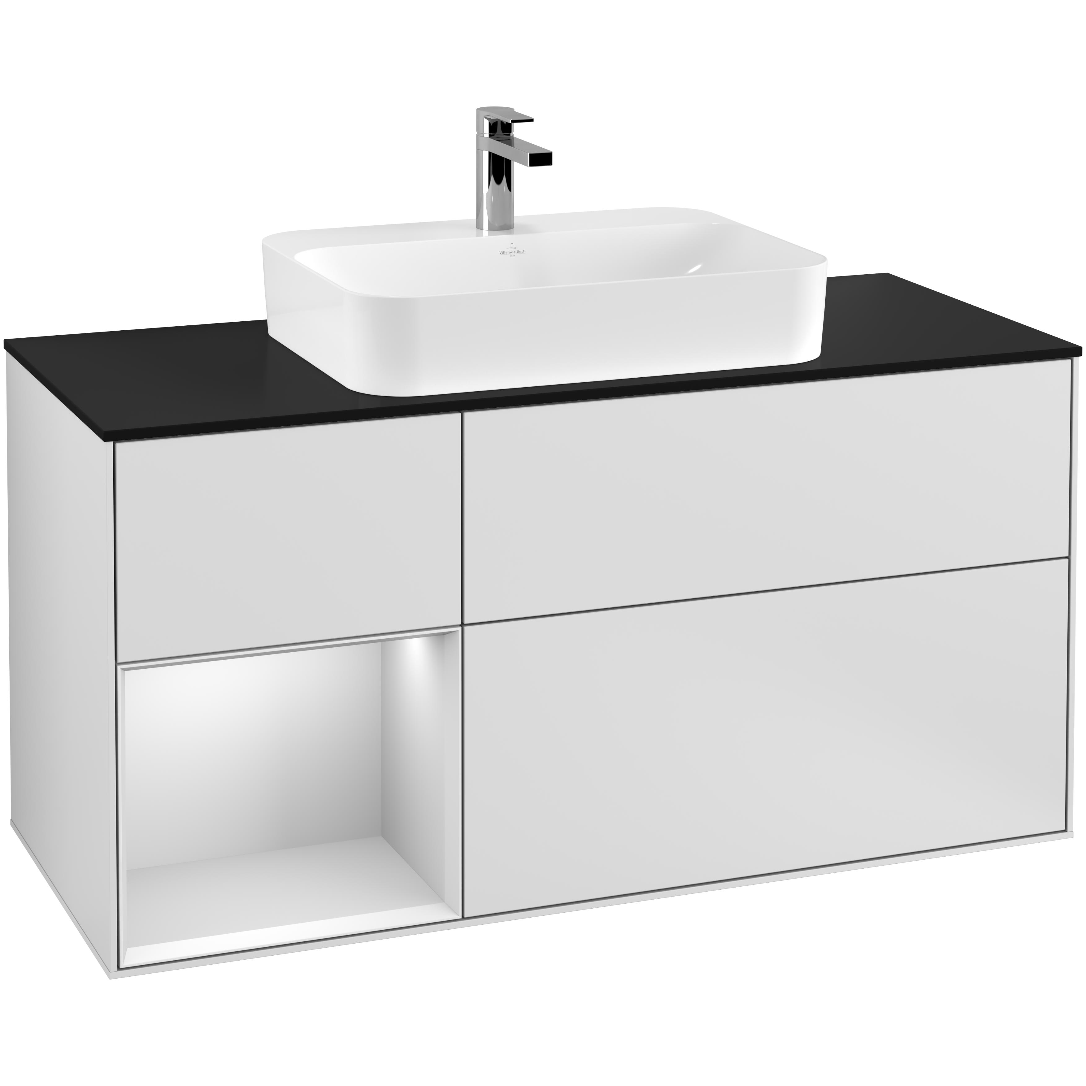 Tvättställsskåp Villeroy & Boch Finion F412MTMT Vit Mattlack/Vit Mattlack med bänkskiva i Mattsvart glas, Lucka Vänster