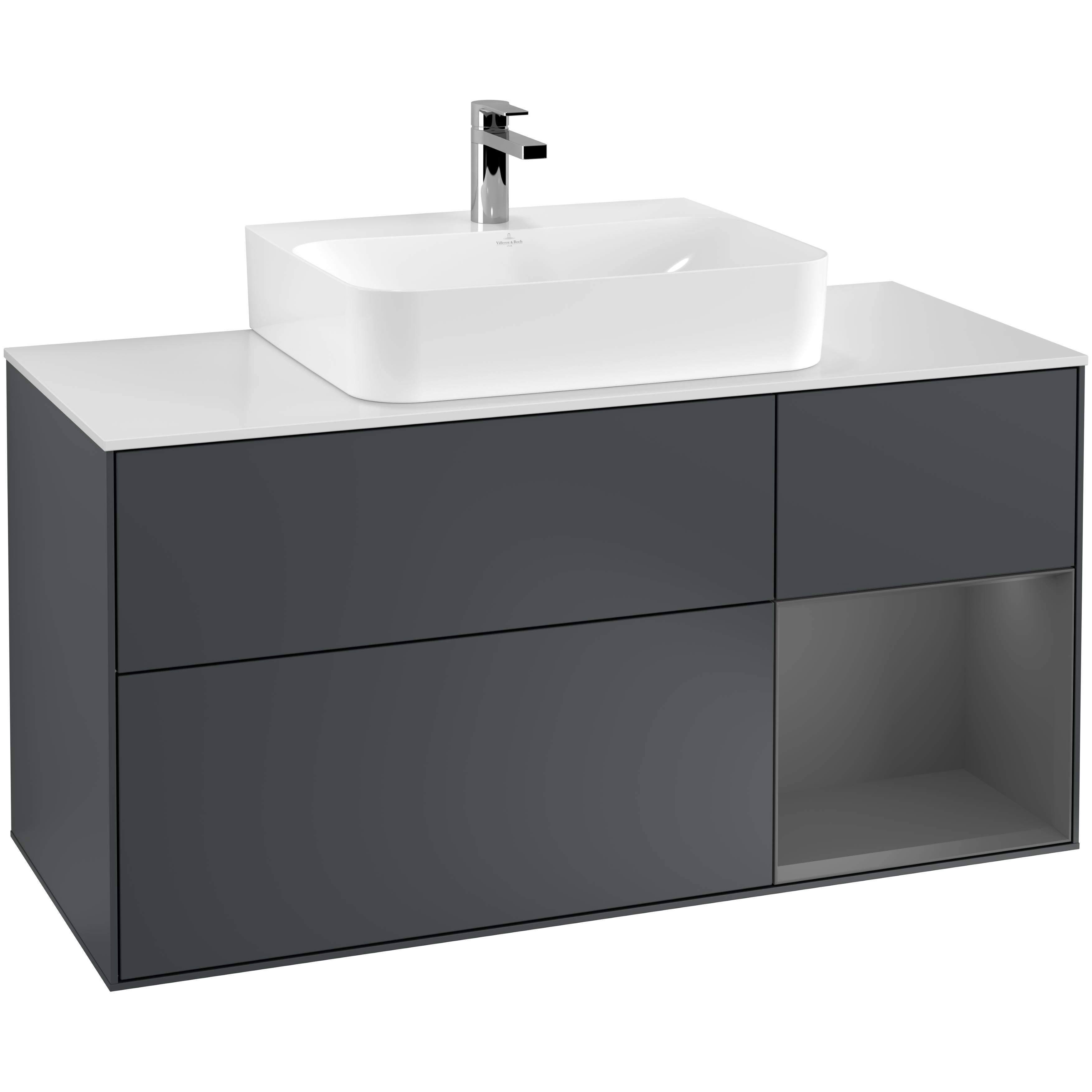 Tvättställsskåp Villeroy & Boch Finion G171GKHG Midnattsblå Mattlack/Antracitgrå Mattlack med bänkskiva i Mattvitt glas med Väggbelysning, Lucka Höger