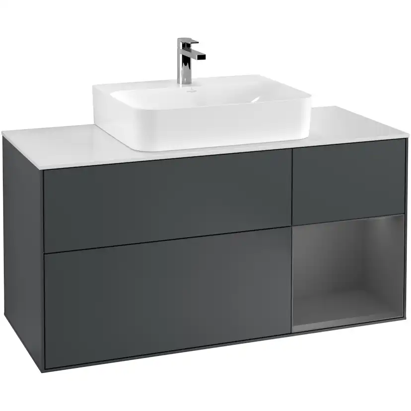 Tvättställsskåp Villeroy & Boch Finion G171GKHG Midnattsblå Mattlack/Antracitgrå Mattlack med bänkskiva i Mattvitt glas med Väggbelysning, Lucka Höger