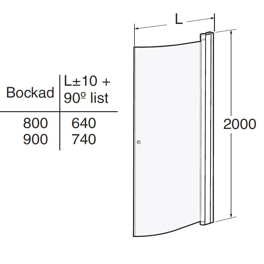 Duschdörr Contura Shower Space SBNF Bockad med Knopp 900 mm BxH:740x2000