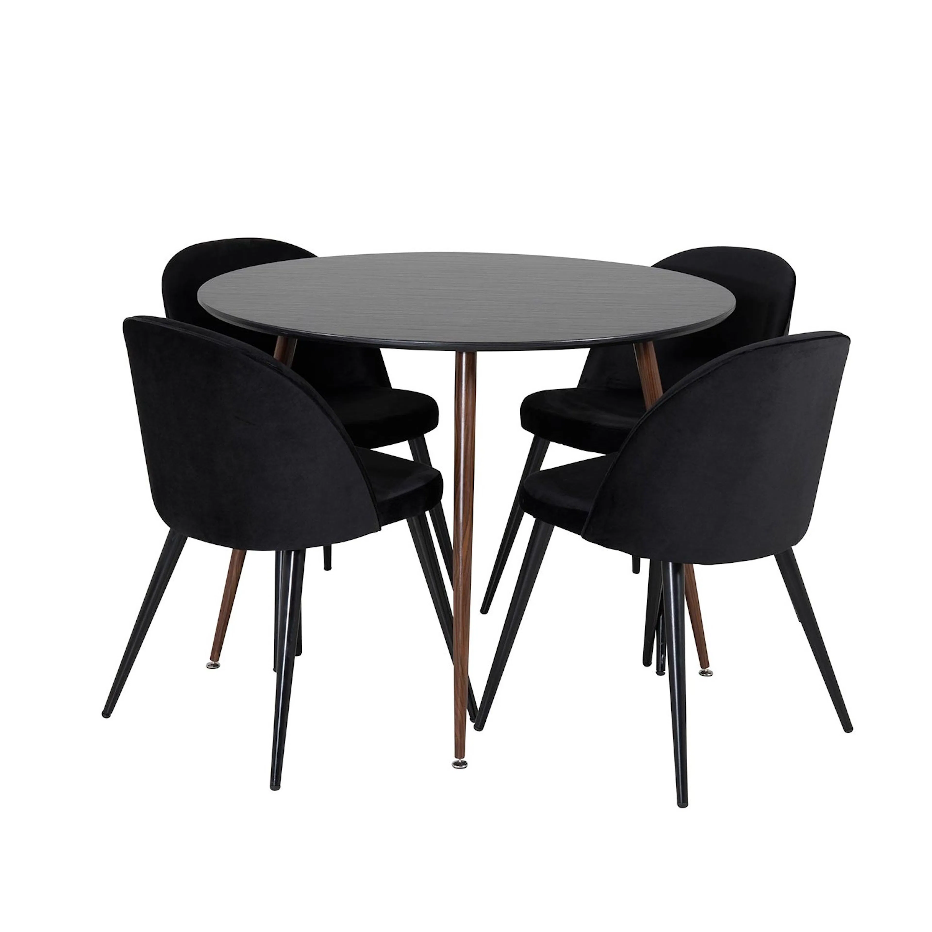 Plaza Round Table Black Top-Walnut legs+Velvet Chair-Black_4 Svart/Valnöt