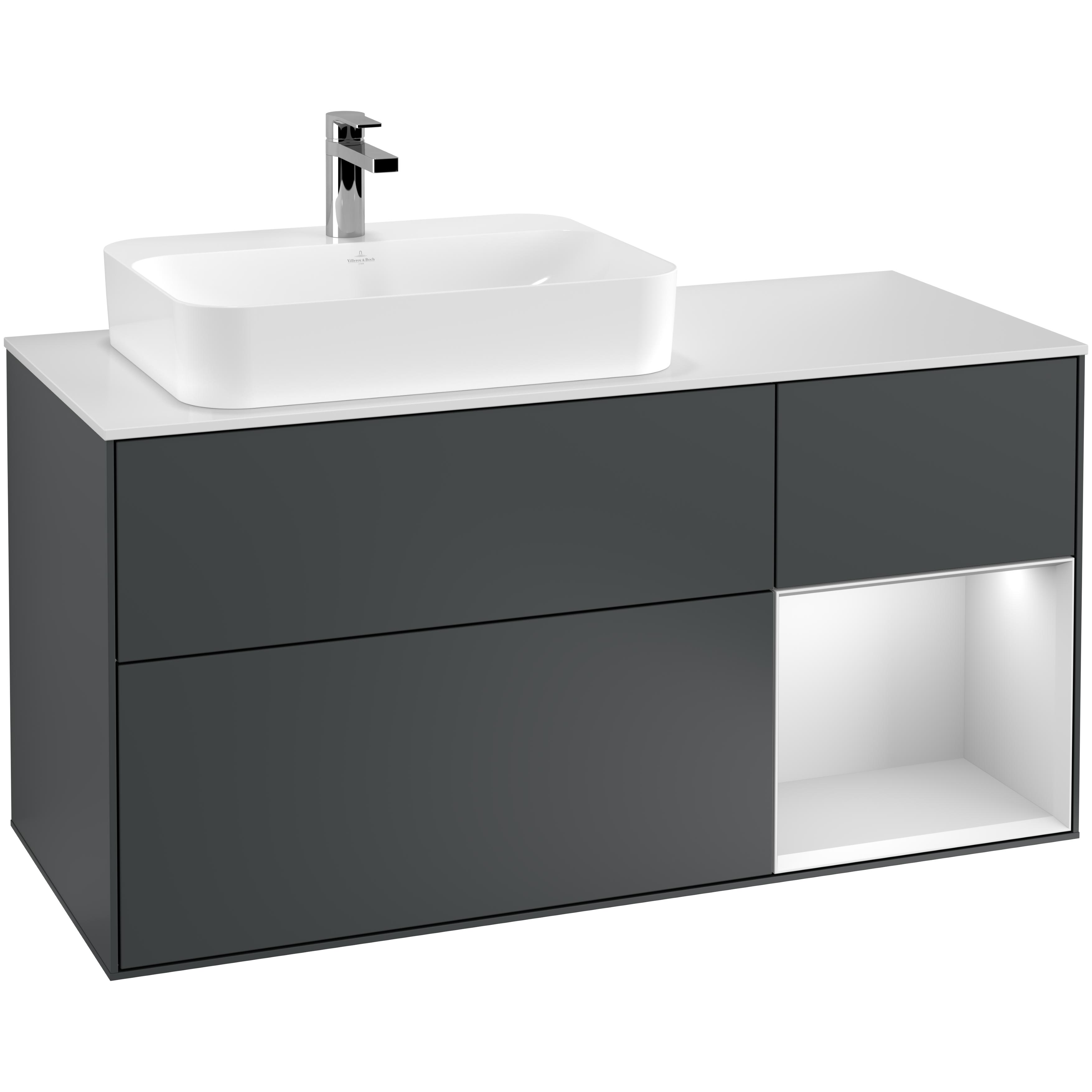 Tvättställsskåp Villeroy & Boch Finion G401MTHG Midnattsblå Mattlack/Vit Mattlack med bänkskiva i Mattvitt glas med Väggbelysning, Lucka Höger