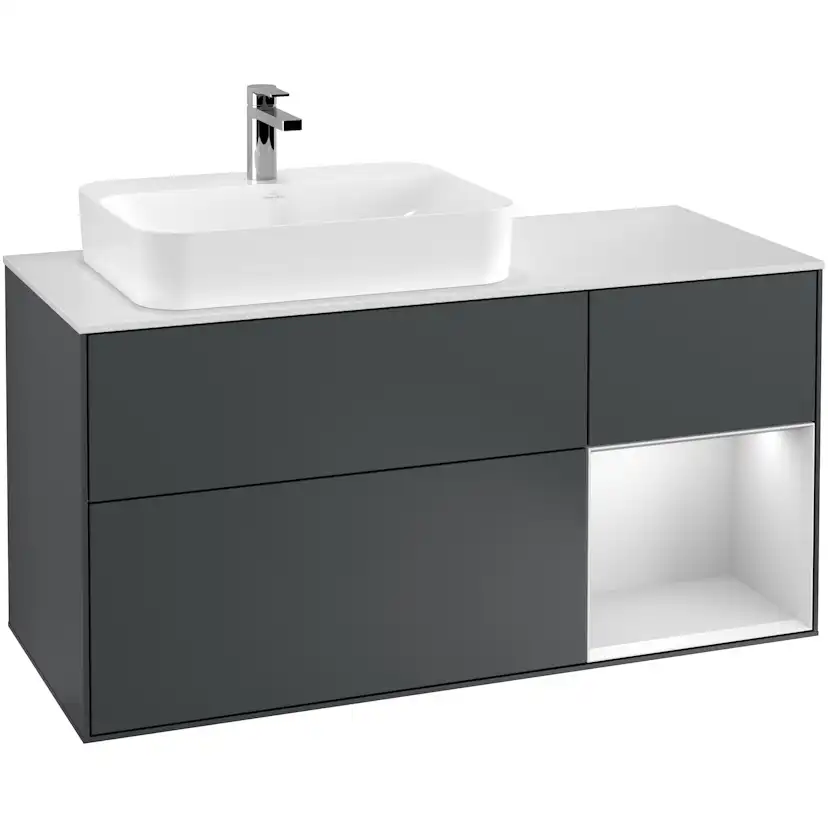 Tvättställsskåp Villeroy & Boch Finion G401MTHG Midnattsblå Mattlack/Vit Mattlack med bänkskiva i Mattvitt glas med Väggbelysning, Lucka Höger