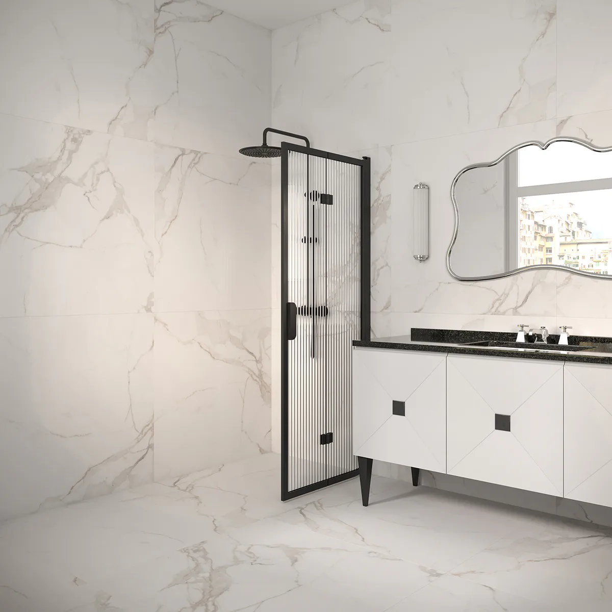 Bläk 881 NY vikbar duschvägg svart/reed 880 880x1950 mm, Reeded, Svarta Profiler