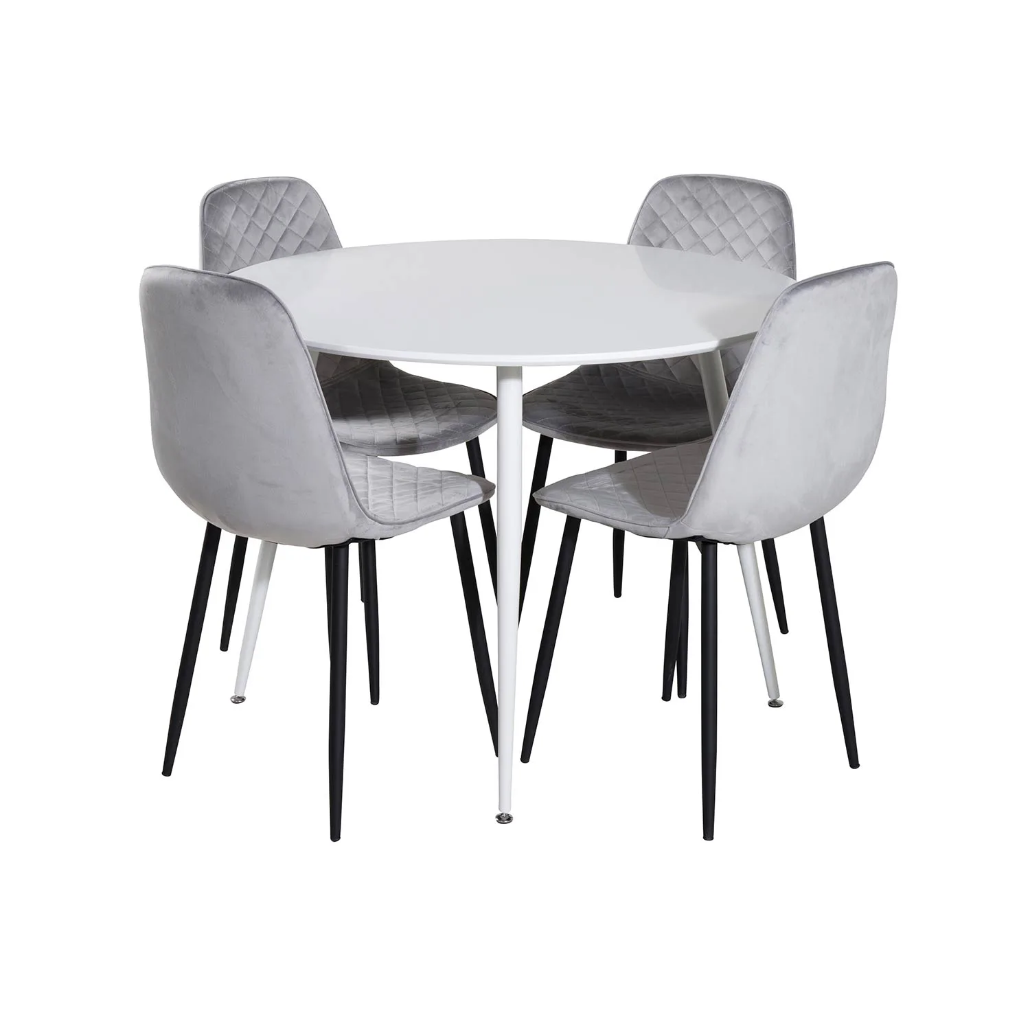 Plaza Round Table-White top/Polar Diamond Chair-gråVelvet_4 Vit/Grå/Svart