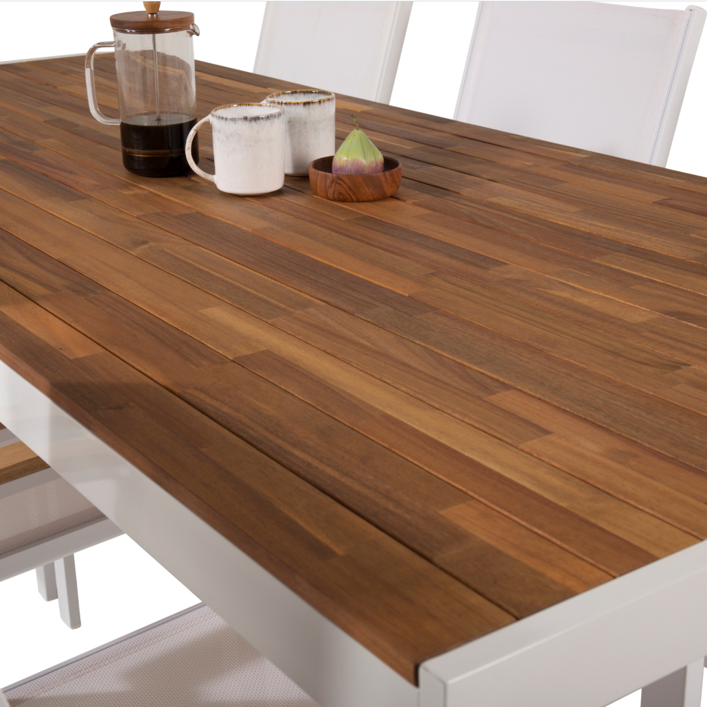Bois Bord200*100cm-vit/Acacia+Texas stol-vit/Teak6 Akacia/Vit
