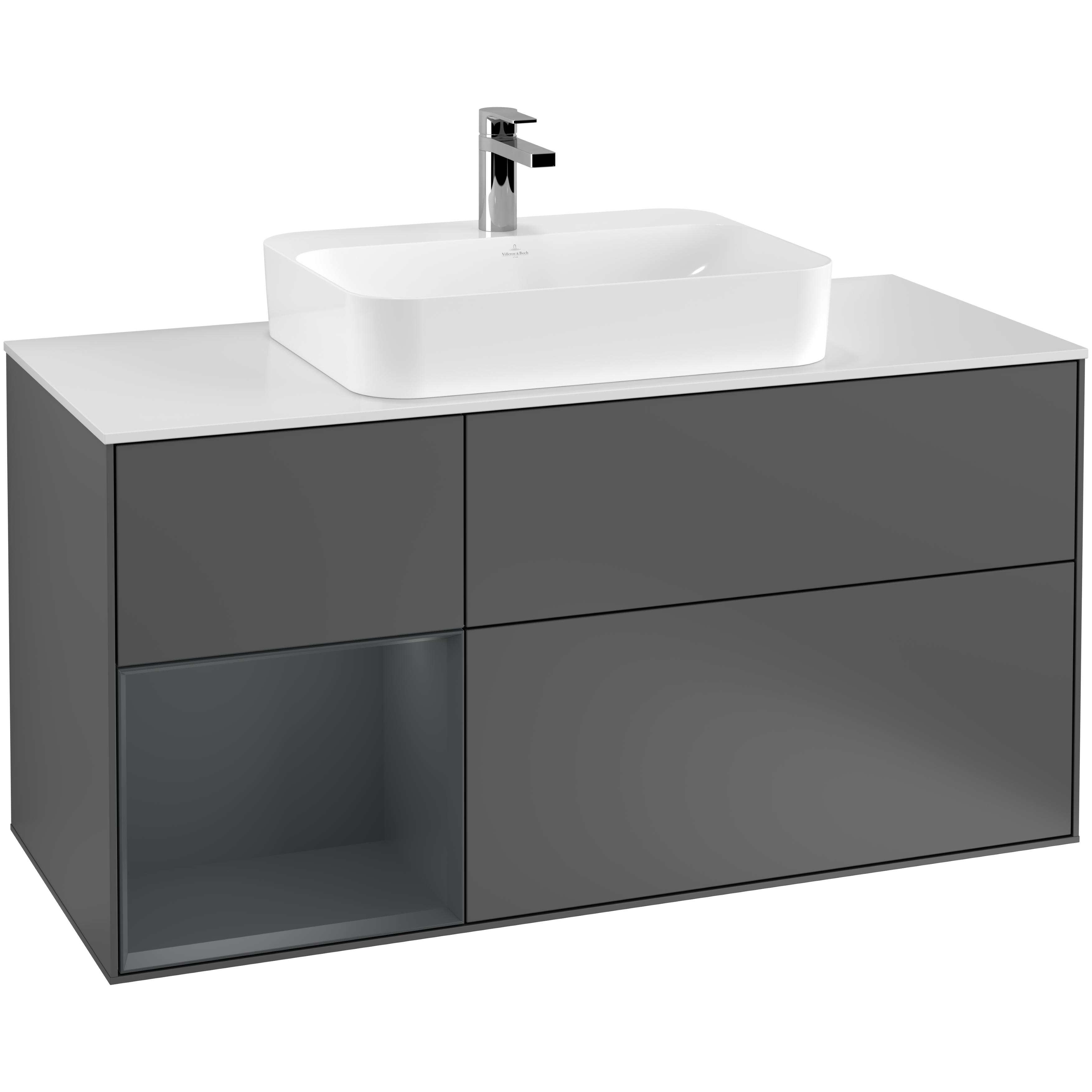 Tvättställsskåp Villeroy & Boch Finion F411HGGK Antracitgrå Mattlack/Midnattsblå Mattlack med bänkskiva i Mattvitt glas, Lucka Vänster
