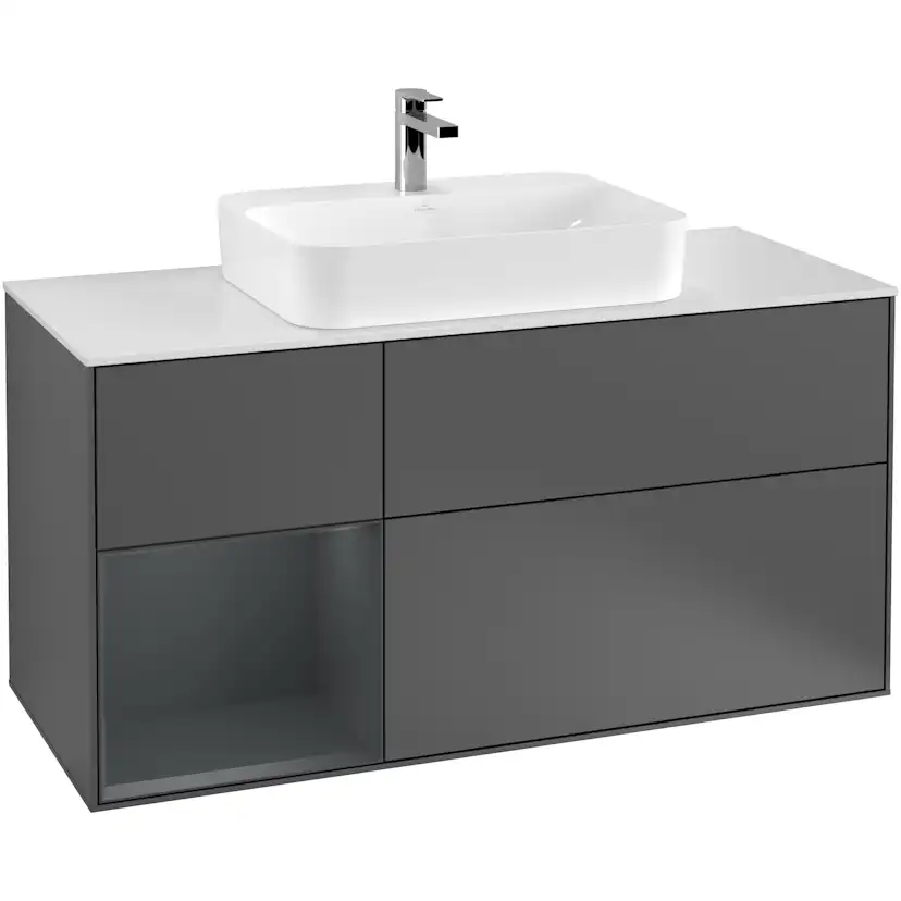 Tvättställsskåp Villeroy & Boch Finion F411HGGK Antracitgrå Mattlack/Midnattsblå Mattlack med bänkskiva i Mattvitt glas, Lucka Vänster