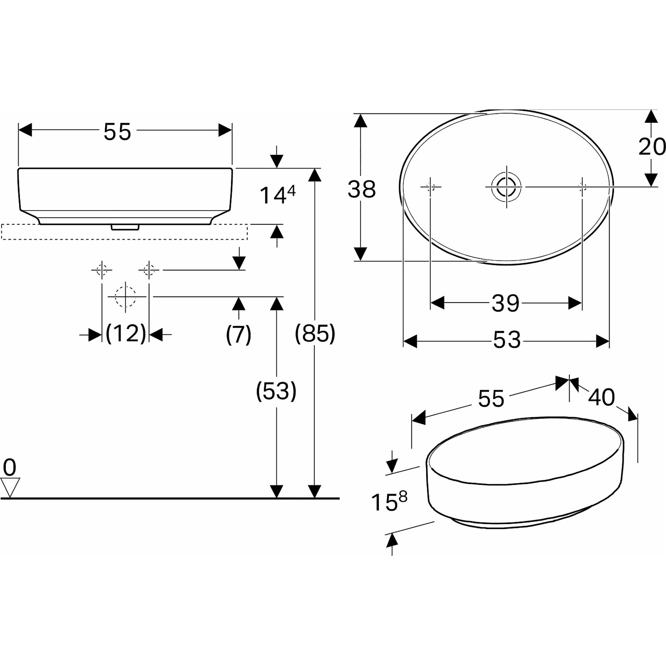 Tvättställ Geberit Variform 550 mm Lay-on Ovalt Utan Bräddavlopp