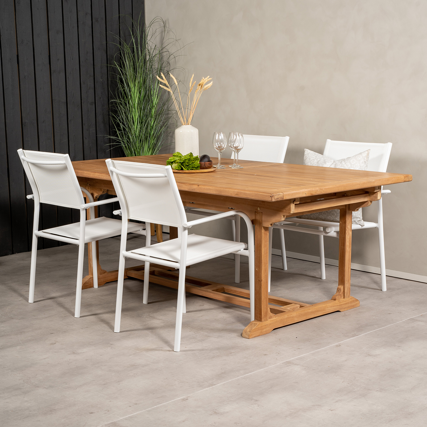 Matgrupp Venture Home Kenya 195-295x110 Teak med 4 Santorini Karmstolar