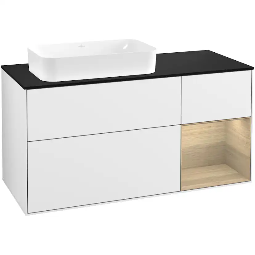Tvättställsskåp Villeroy & Boch Finion F282PCGF Vit Högblank/Ekfanér med bänkskiva i Mattsvart glas, Lucka Höger med Blandarhål