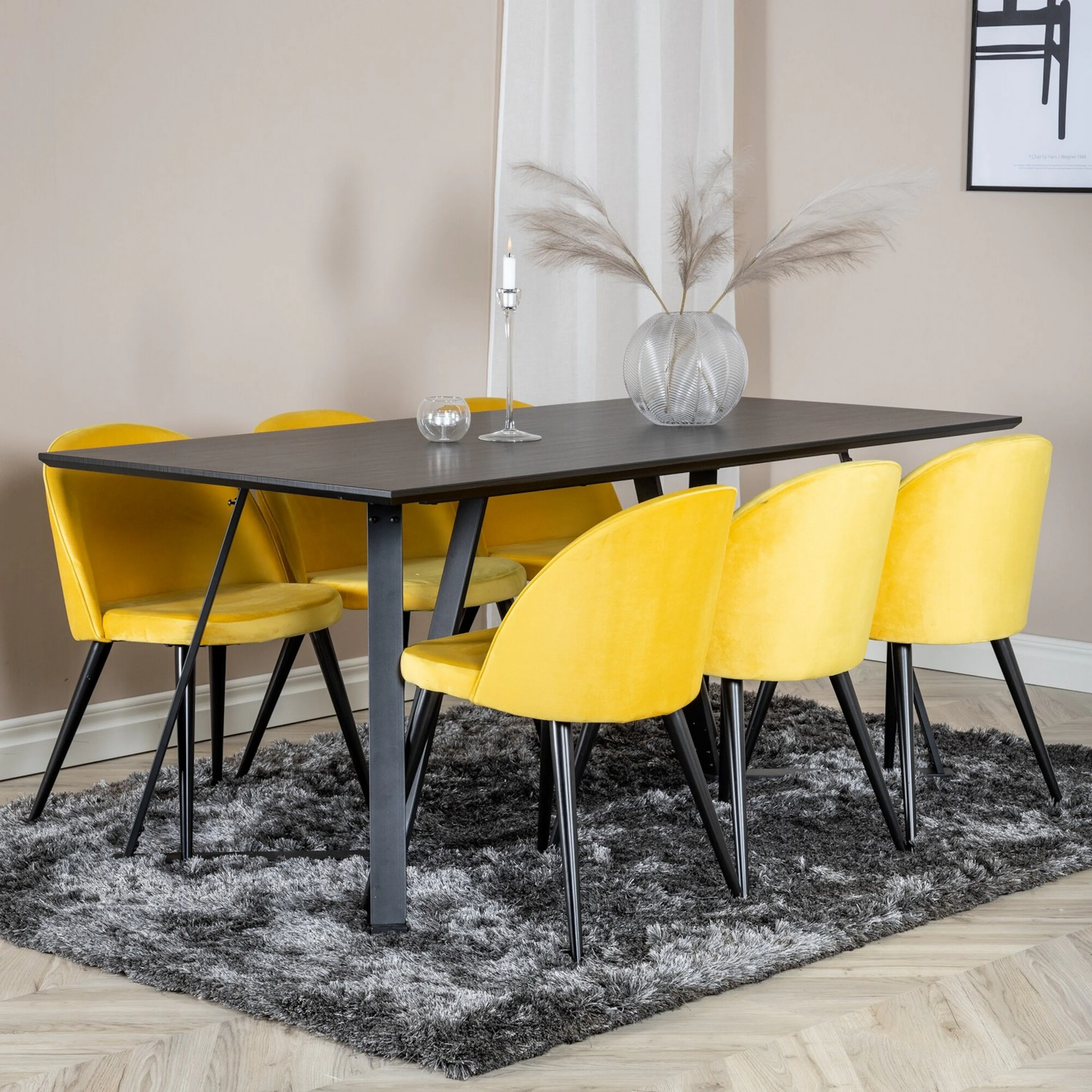 Marina Table -Black top+VelvetChair- Yellow/Black_6 Svart/Gul