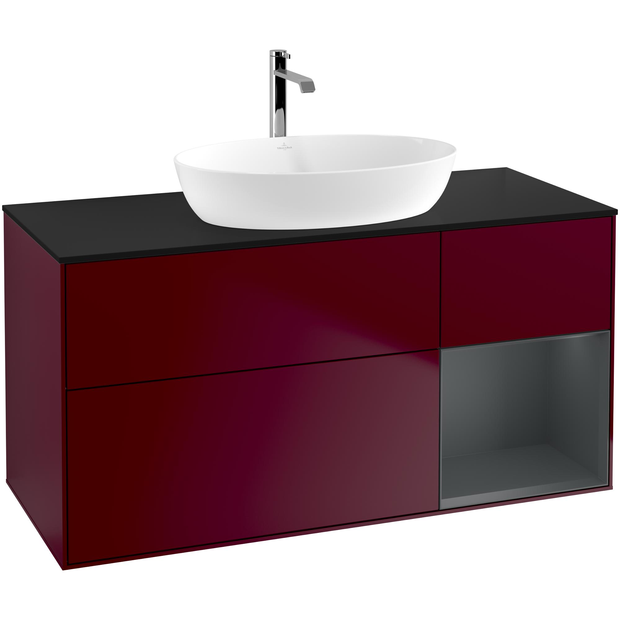Tvättställsskåp Villeroy & Boch Finion G832HGHB Pion Mattlack/Midnattsblå Mattlack med bänkskiva i Mattsvart glas med Väggbelysning, Lucka Höger Med Blandarhål