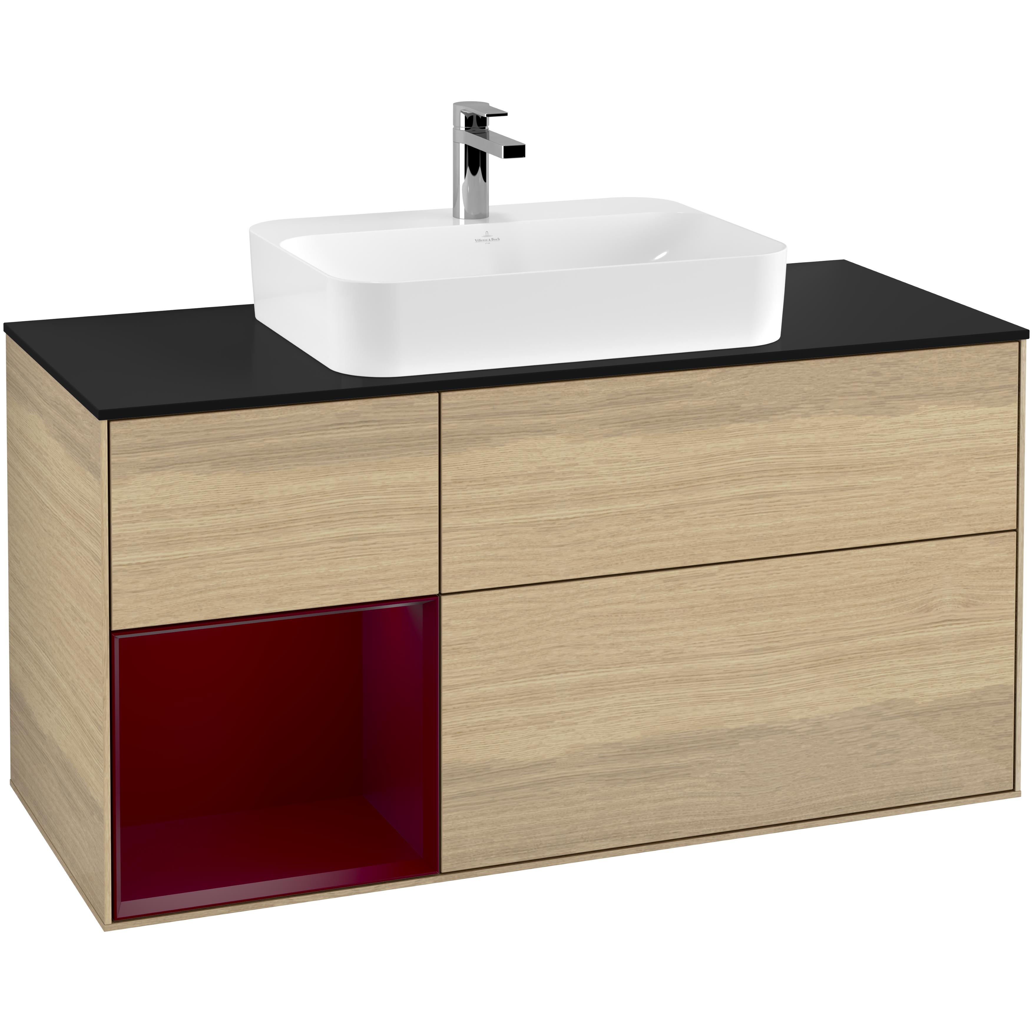 Tvättställsskåp Villeroy & Boch Finion G412HBPC Ekfanér/Pion Mattlack med bänkskiva i Mattsvart glas med Väggbelysning, Lucka Vänster