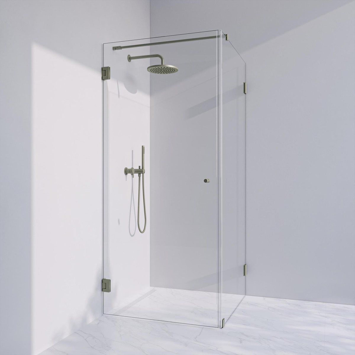 Invitrea Flair GH21/Vänsterhängd/90x90/Borstad stål/Fingerhå Storlek: 900x900 mm, Glastyp: Bronstonat Glas, Profil: Borstad Stål, Handtag: Fingerhål, Hängning: Vänsterhängd