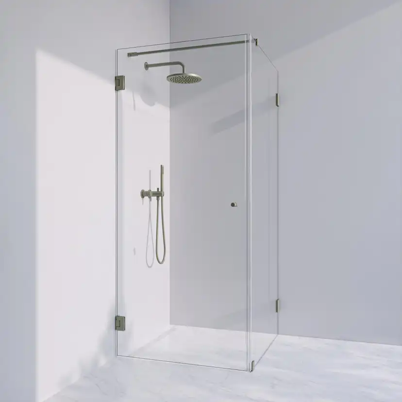 Invitrea Flair GH21/Vänsterhängd/90x90/Borstad stål/Fingerhå Storlek: 900x900 mm, Glastyp: Bronstonat Glas, Profil: Borstad Stål, Handtag: Fingerhål, Hängning: Vänsterhängd