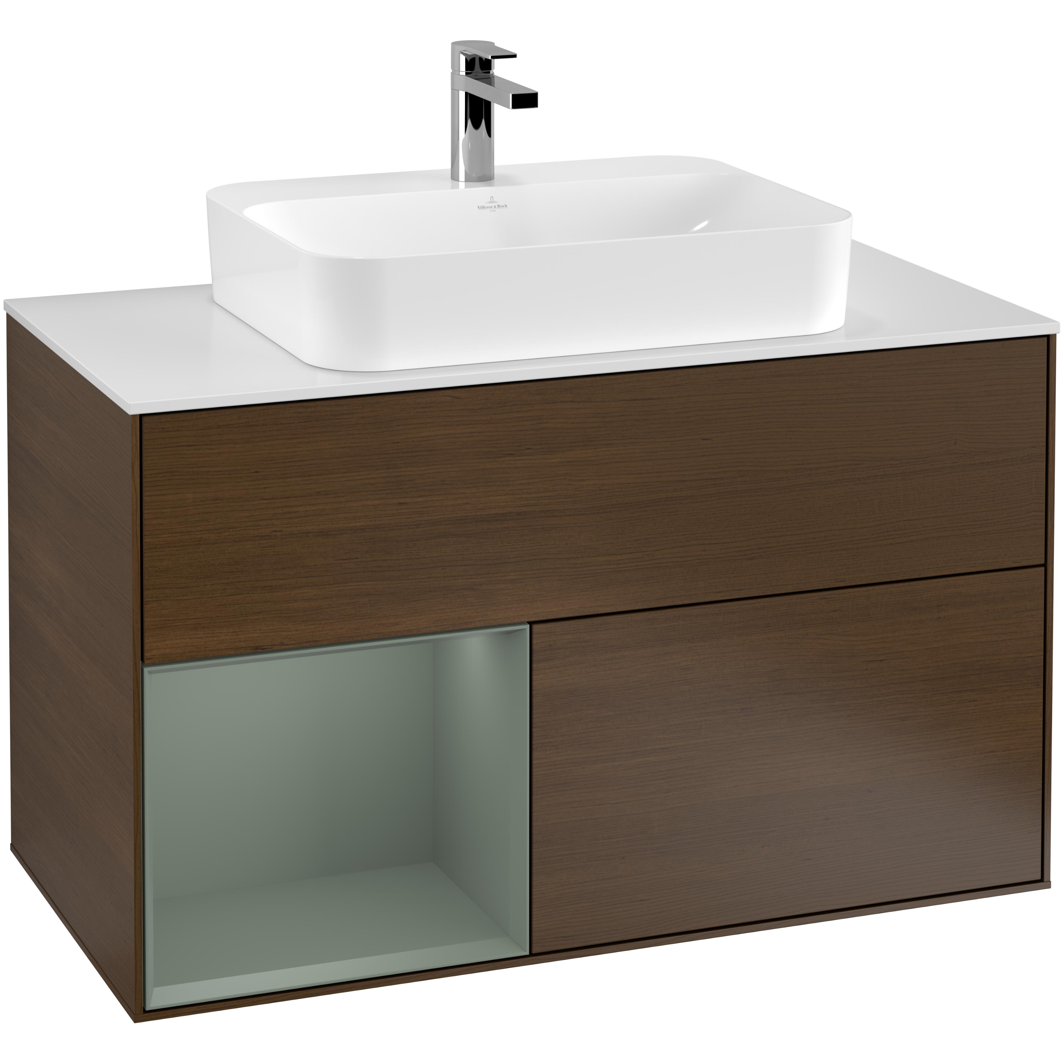 Tvättställsskåp Villeroy & Boch Finion F361GMGN Valnötsfanér/Oliv Mattlack med bänkskiva i Mattvitt glas, Lucka Vänster