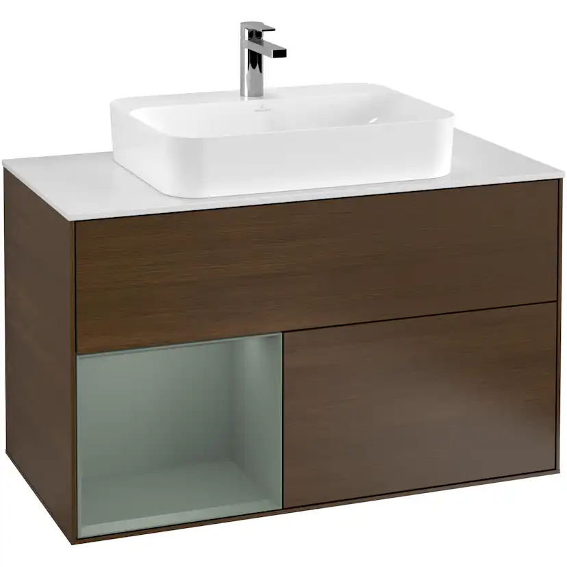 Tvättställsskåp Villeroy & Boch Finion F361GMGN Valnötsfanér/Oliv Mattlack med bänkskiva i Mattvitt glas, Lucka Vänster