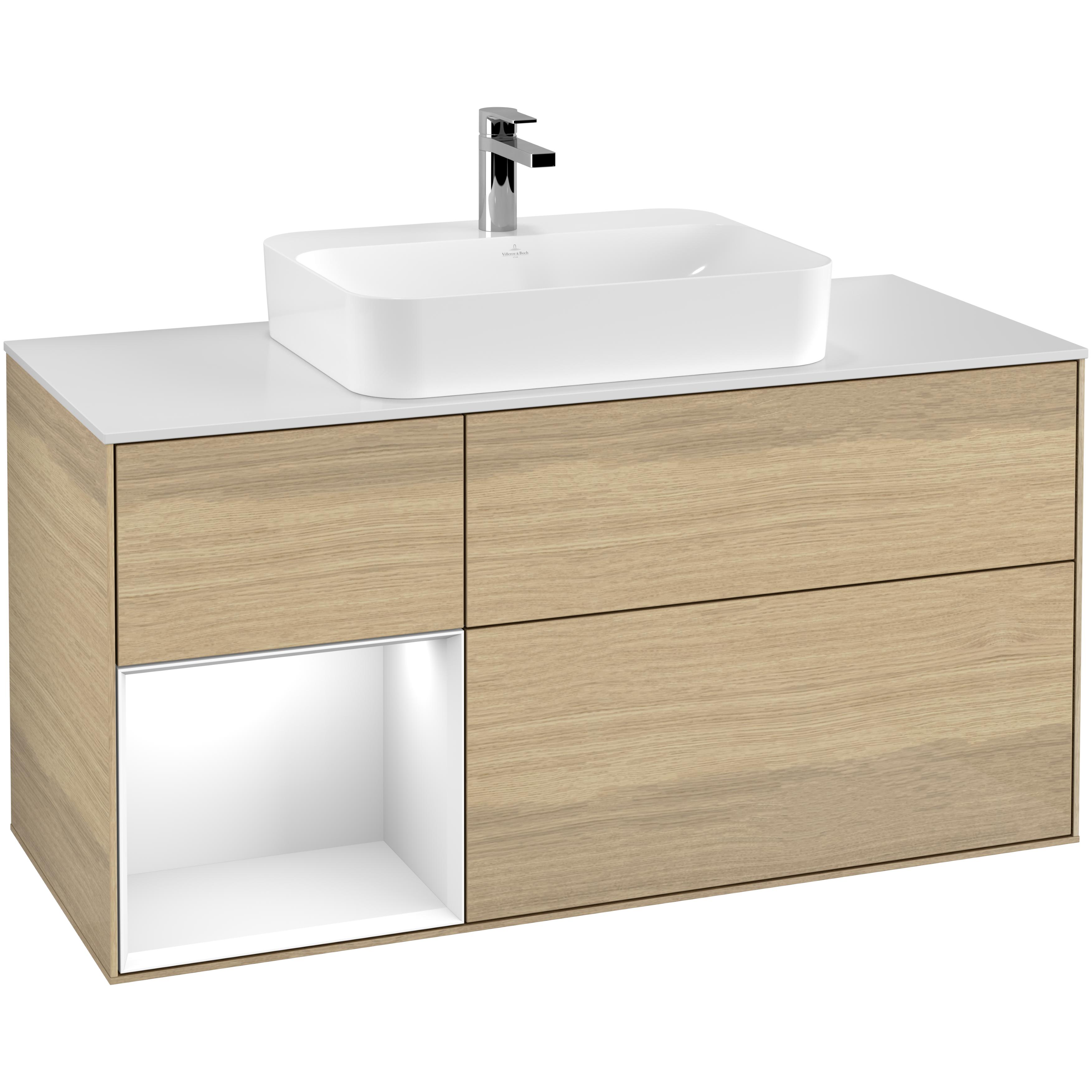 Tvättställsskåp Villeroy & Boch Finion F411GFPC Ekfanér/Vit Högblank med bänkskiva i Mattvitt glas, Lucka Vänster
