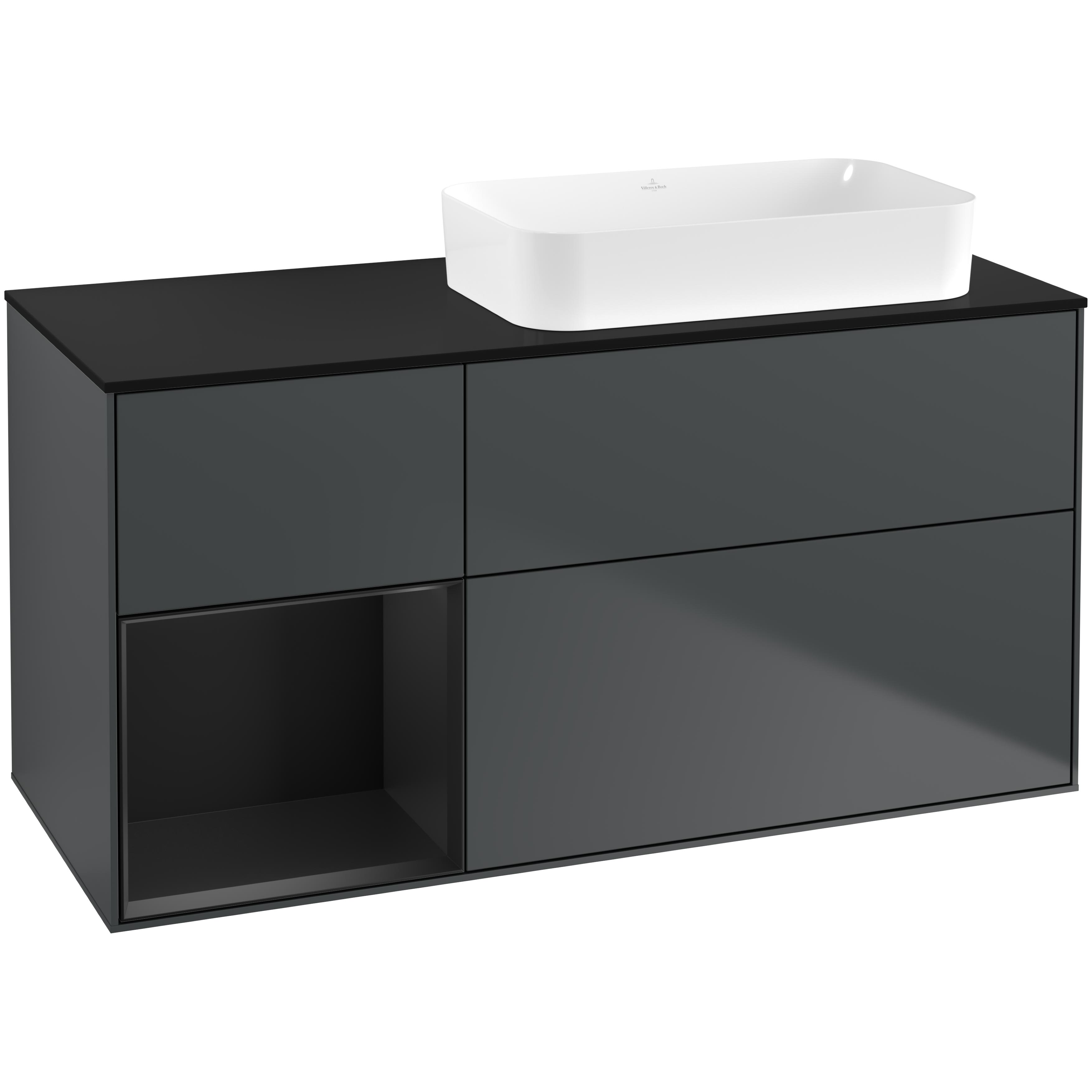 Tvättställsskåp Villeroy & Boch Finion F682PDHG Midnattsblå Mattlack/Svart Mattlack med bänkskiva i Mattsvart glas, Lucka Vänster utan Blandarhål
