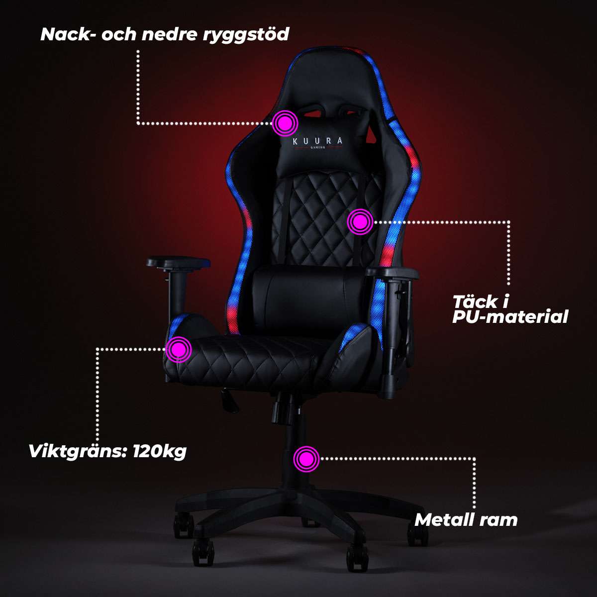 Gamingstol Kuura RGB Svart Justerbar med Inbyggda RGB-Lampor