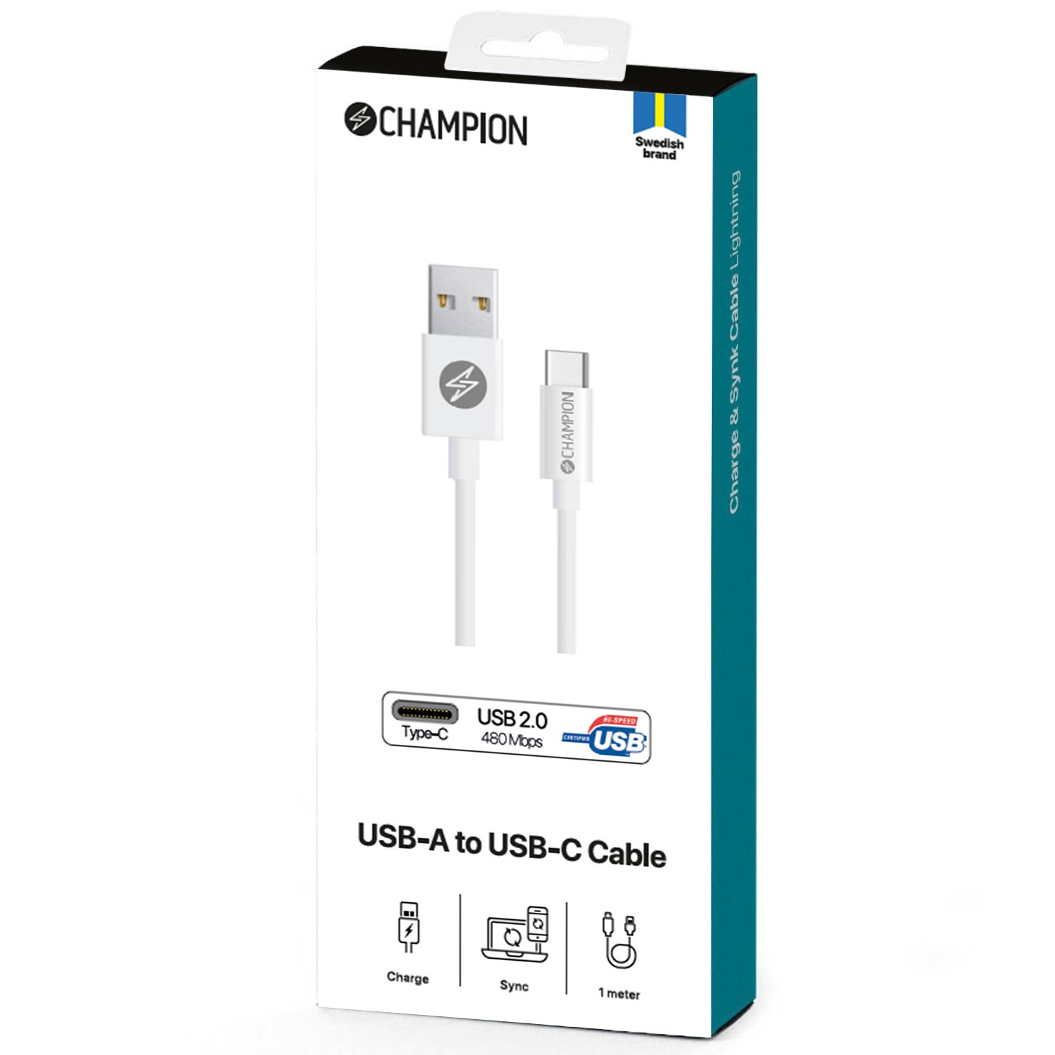 USB-A Champion till USB-C Kabel 1m Vit