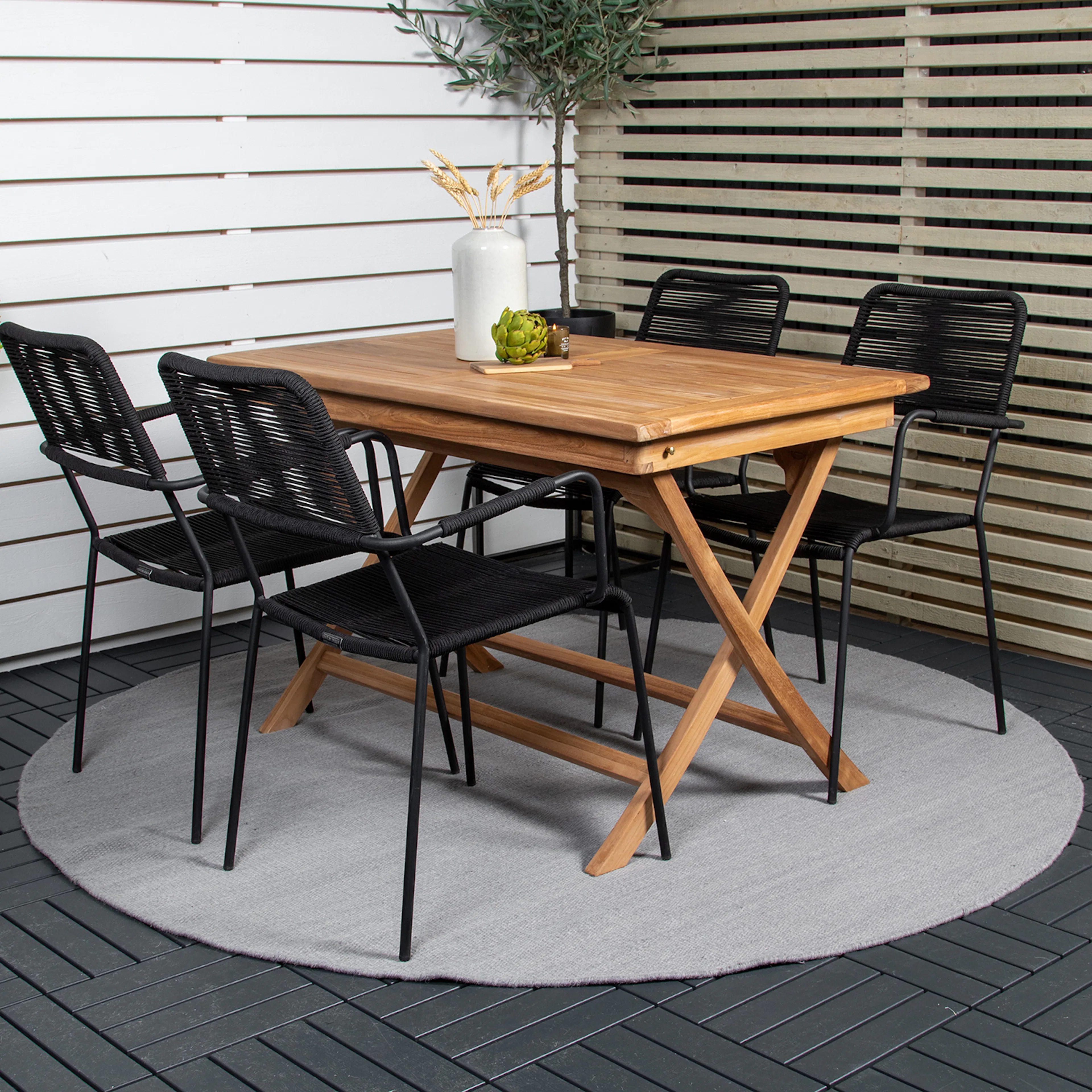 Kenya Dining Table 120*70*H75 - Teak+Lindos Armchair - Black Svart