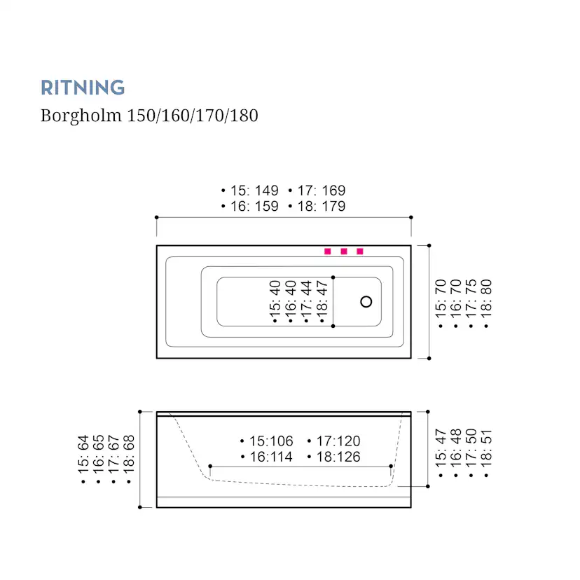 Badkar Borgholm 160 cm Standard U4 160 cm U4: Med Frontpanel, Sidopanel till höger, Sargblandare till höger