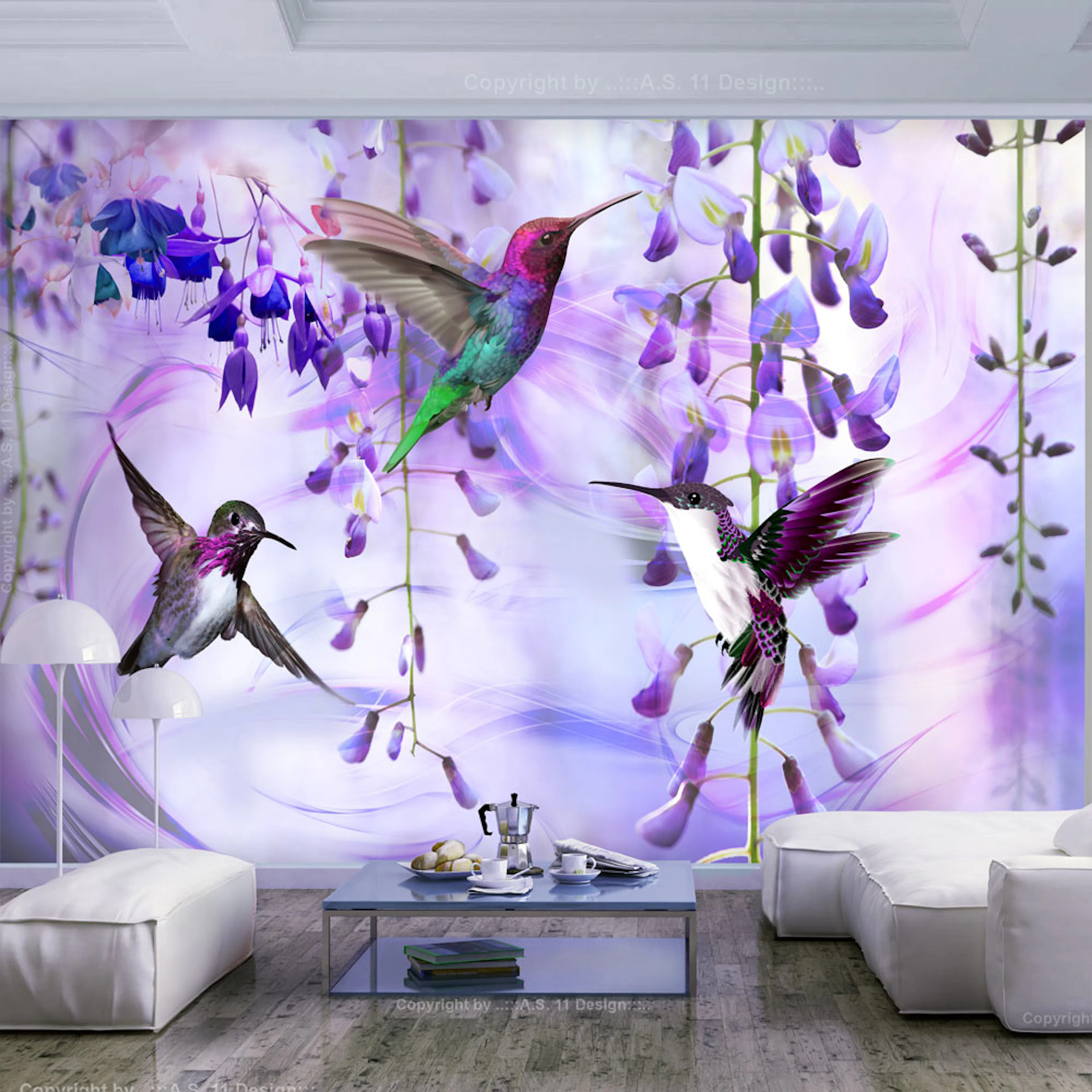 Fototapet Arkiio Självhäftande Flying Hummingbirds Violet