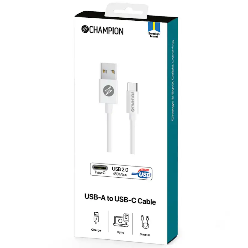 USB-A Champion till USB-C Kabel 3m Vit