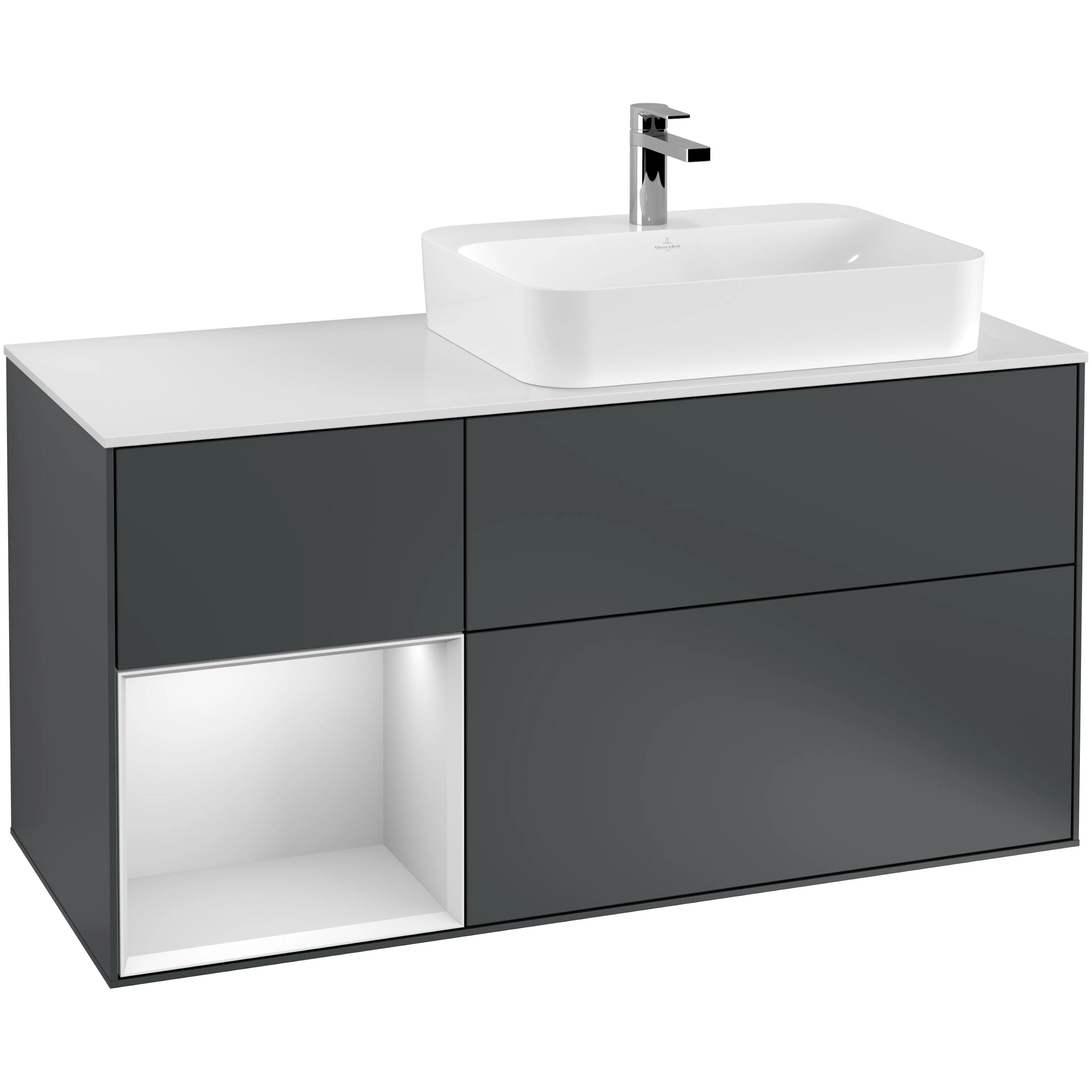 Tvättställsskåp Villeroy & Boch Finion med 3 Lådor Hylla och Bänkskiva för Ocentrerat Ytmonterat Tvättställ