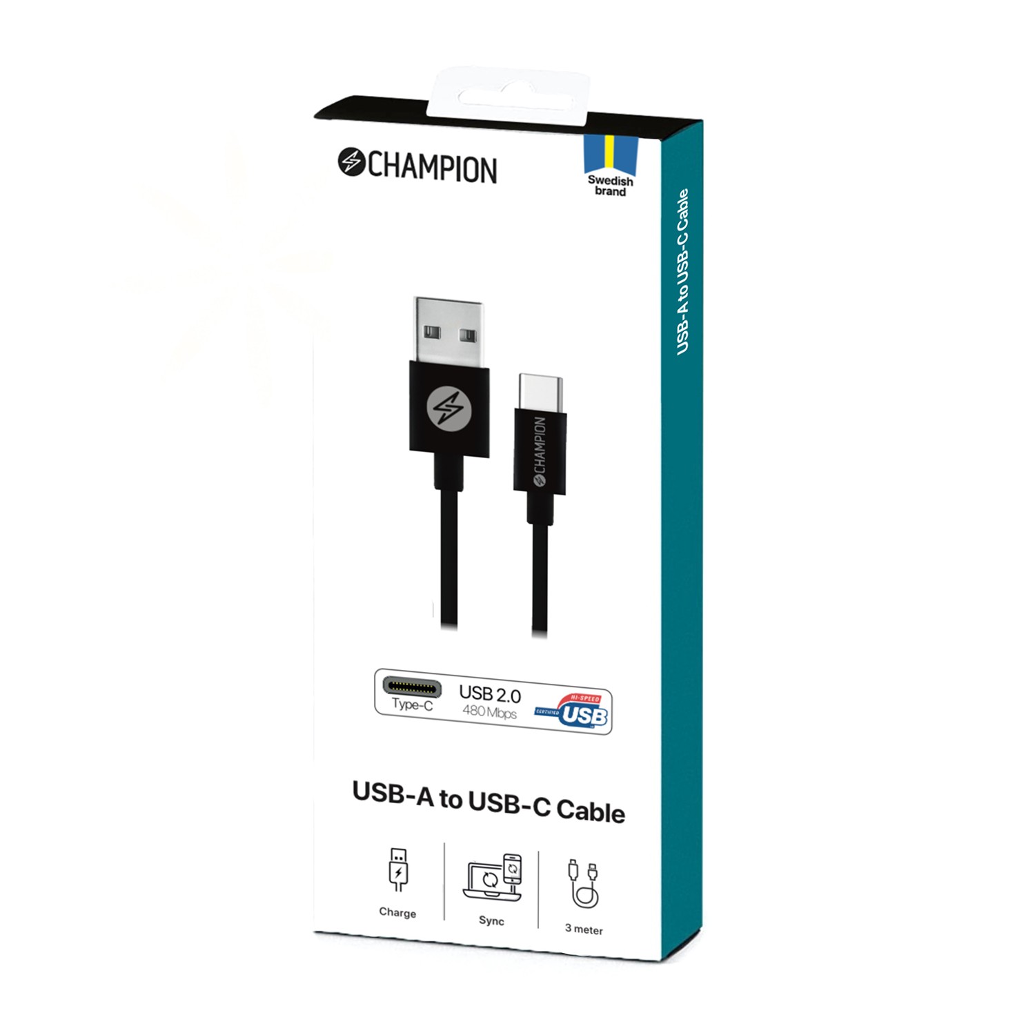 USB-A Champion till USB-C Kabel 3m Svart