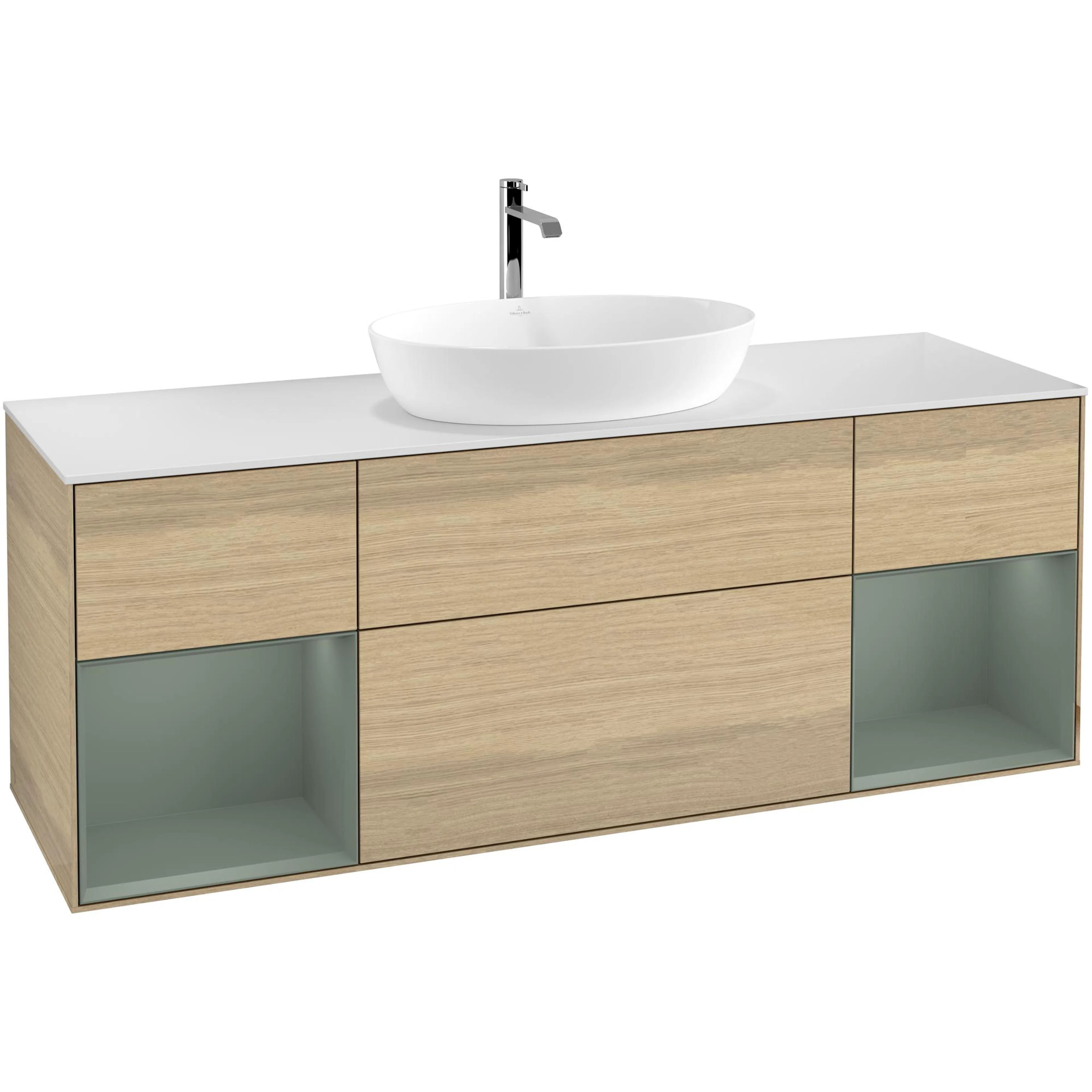 Tvättställsskåp Villeroy & Boch Finion G861GMPC Ekfanér/Oliv Mattlack med bänkskiva i Mattvitt glas med Väggbelysning Med Blandarhål utan Väggbelysning