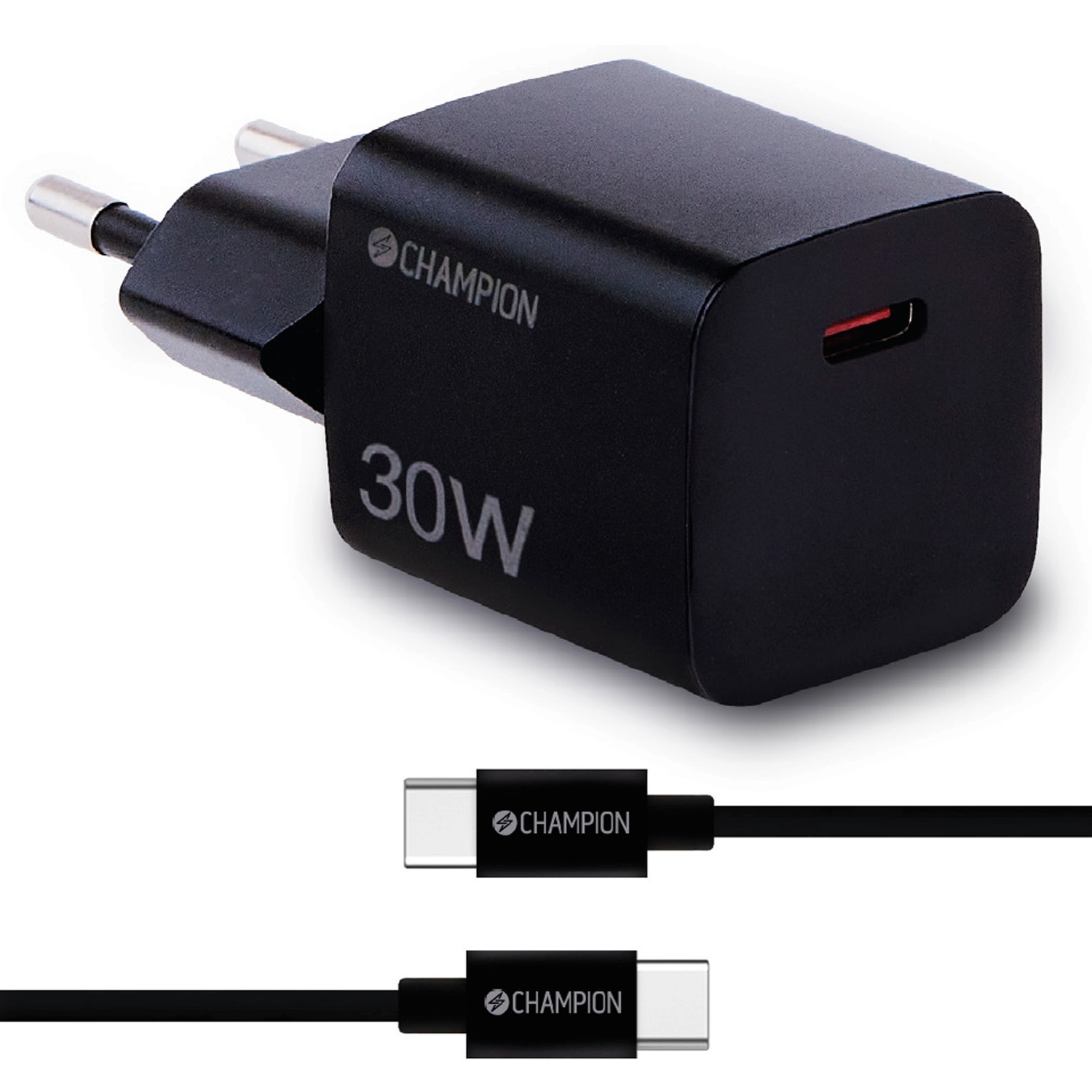 Laddare Champion 30W + USB-C Kabel Svart
