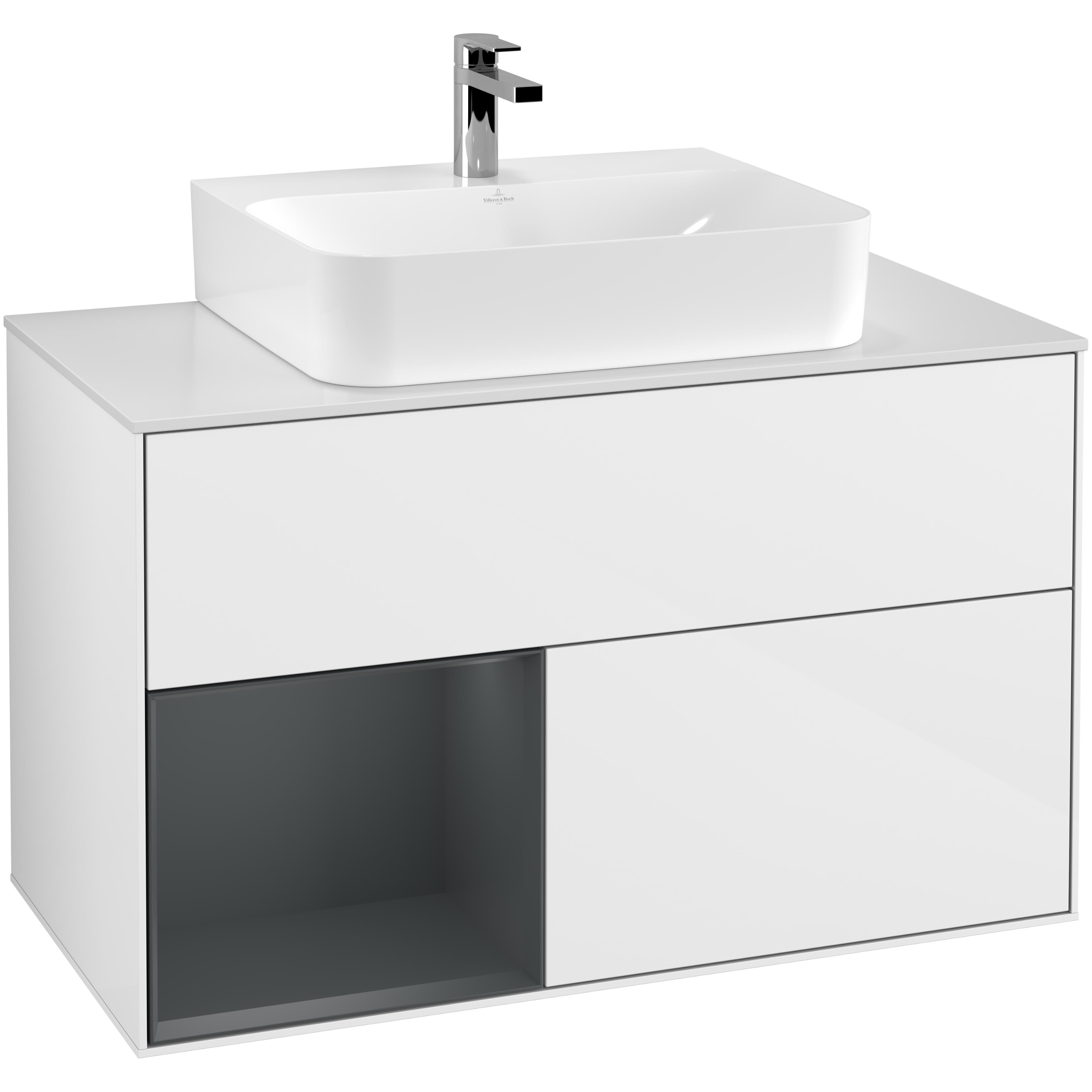 Tvättställsskåp Villeroy & Boch Finion F111HGGF Vit Högblank/Midnattsblå Mattlack med bänkskiva i Mattvitt glas, Lucka Vänster