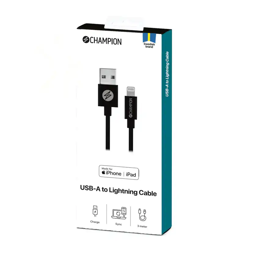 USB-A Champion till Lightning Kabel 3m Svart