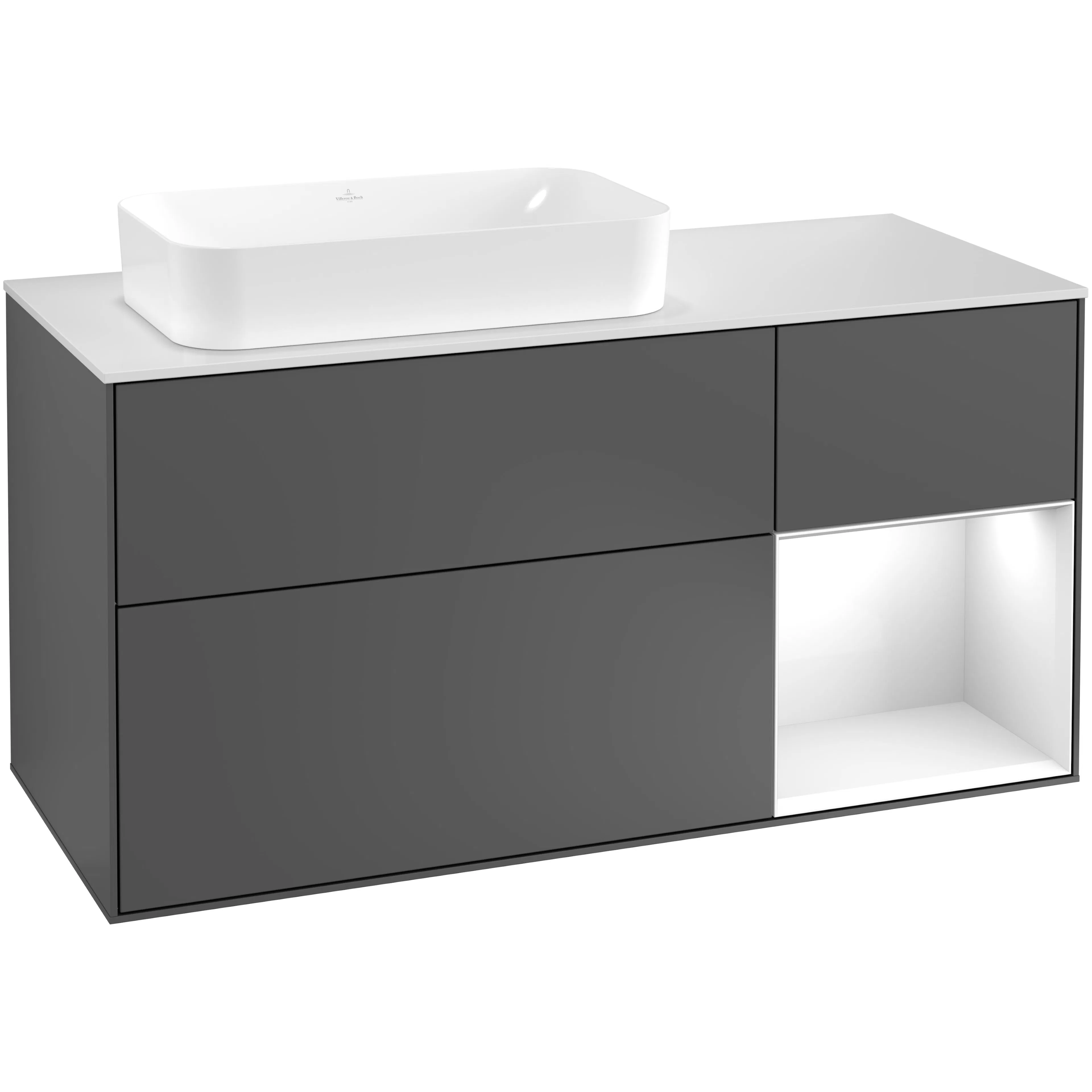 Tvättställsskåp Villeroy & Boch Finion G281GFGK Antracitgrå Mattlack/Vit Högblank med bänkskiva i Mattvitt glas med Väggbelysning, Lucka Höger med Blandarhål