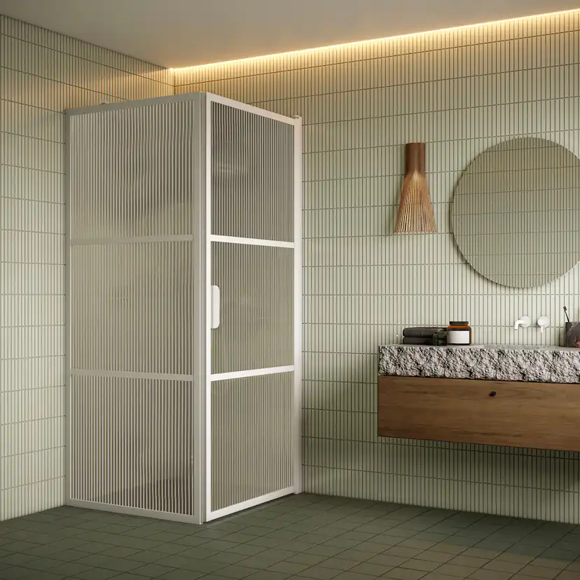 Bläk 760 Tokyo duschhörn vit/reed 819x717 819 Fast Vägg (L1) x 717 Vändbar Dörr (L2) mm, Reeded, Vita Profiler
