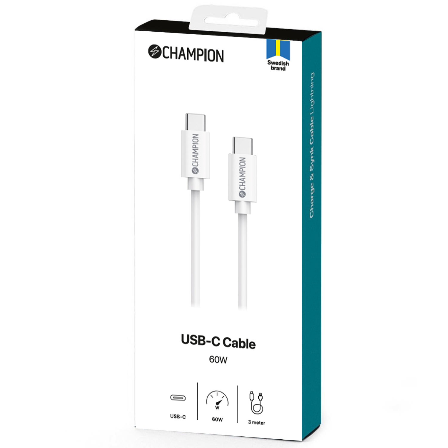 USB-C Kabel Champion 60W 3m Vit