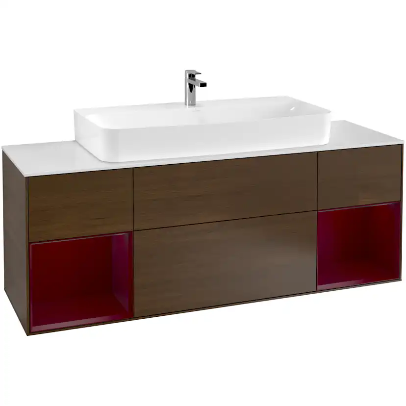 Tvättställsskåp Villeroy & Boch Finion G211HBGN Valnötsfanér/Pion Mattlack med bänkskiva i Mattvitt glas med Väggbelysning