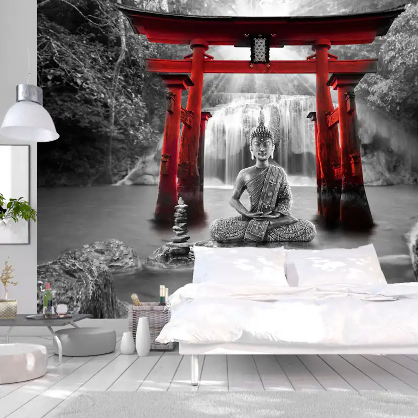 Fototapet Arkiio Självhäftande Buddha Smile Red