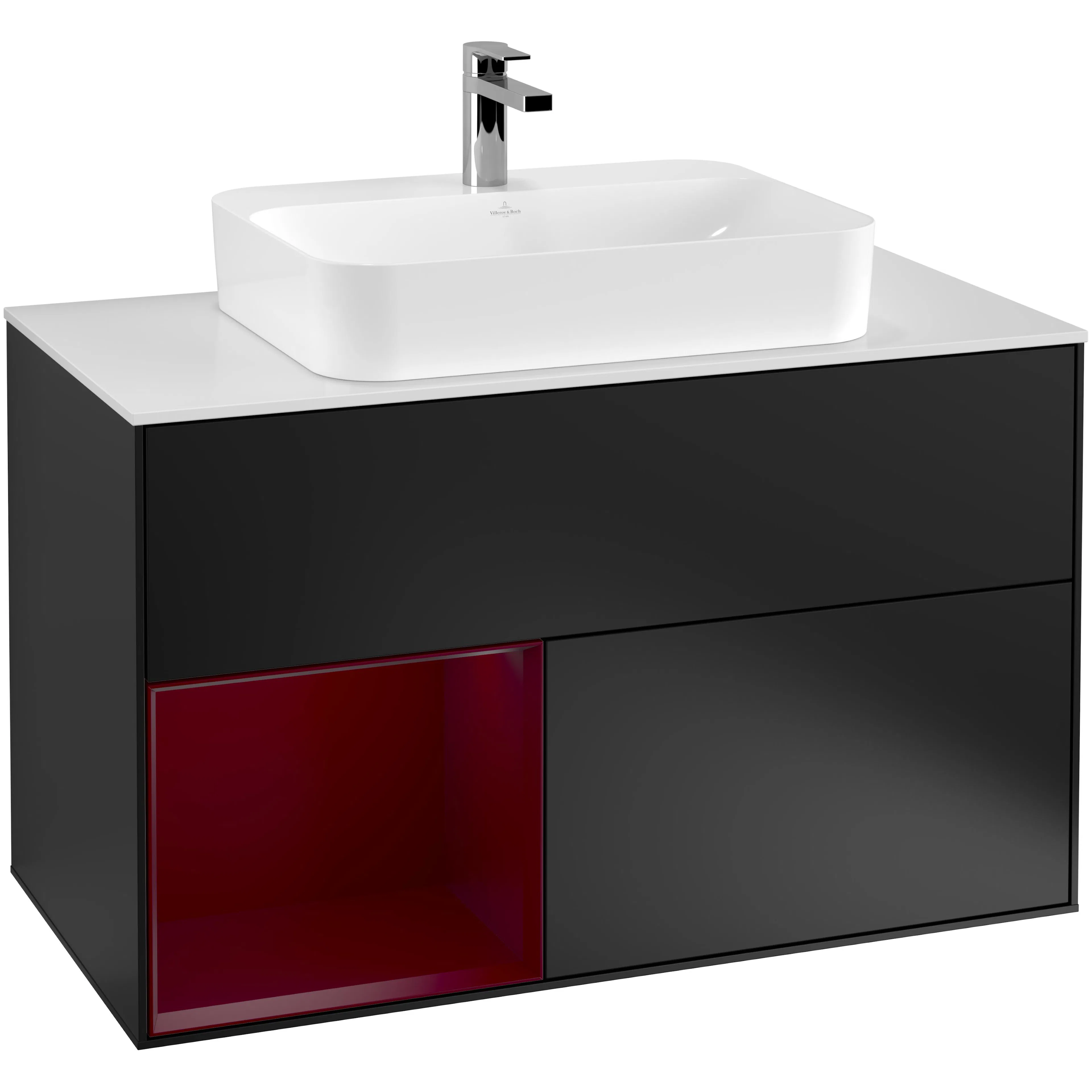 Tvättställsskåp Villeroy & Boch Finion F361HBPD Svart Mattlack/Pion Mattlack med bänkskiva i Mattvitt glas, Lucka Vänster
