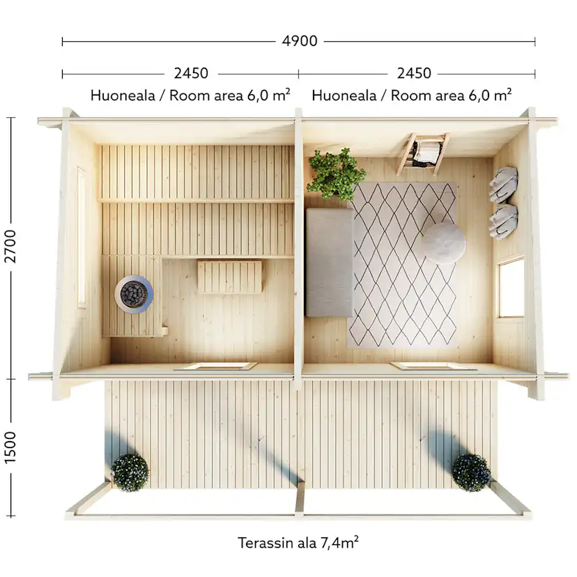 Bastu Luoman Lillevilla Kihu 13,23 m² Fristående Utebastu med Altan